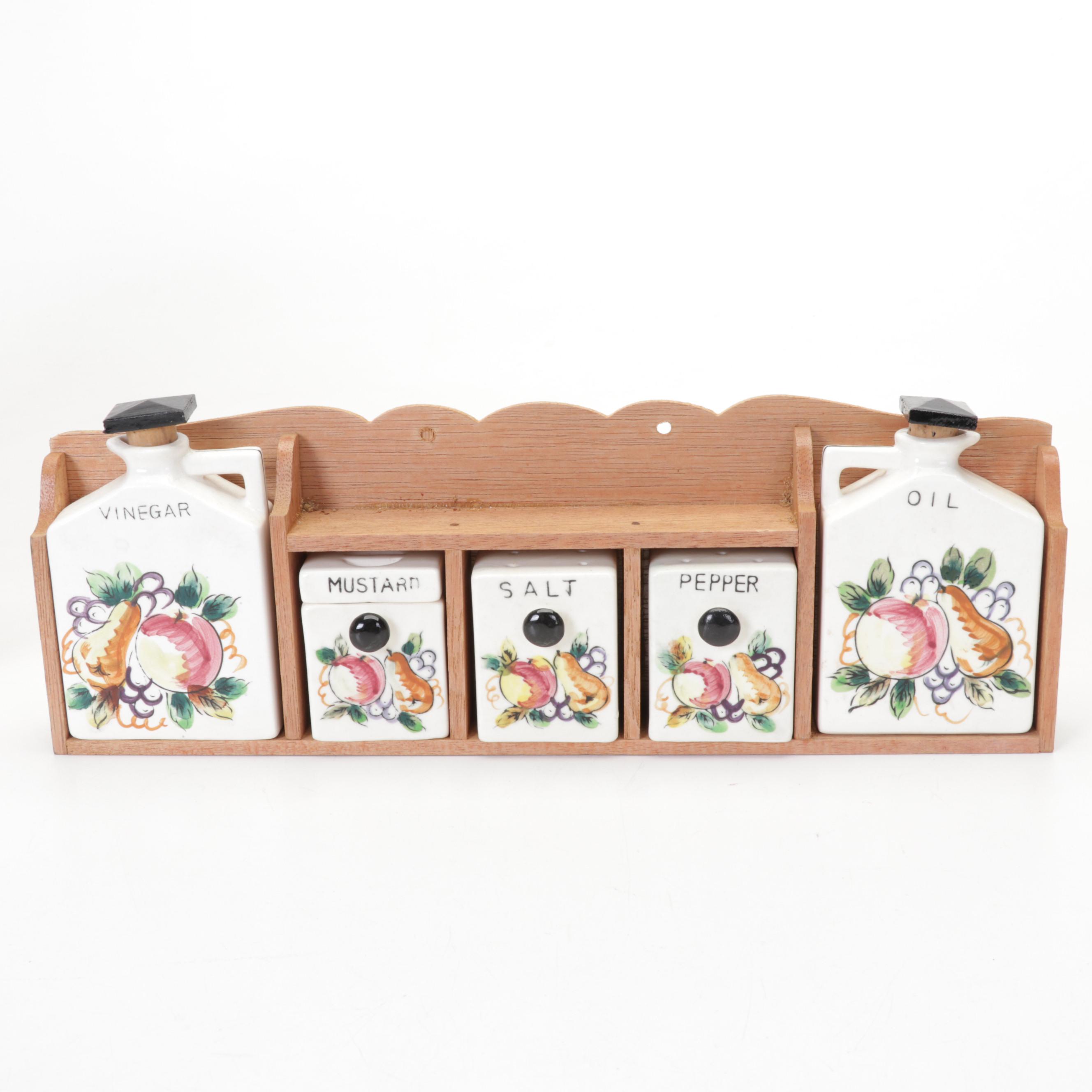 Vinegar, Oil, and Spice Rack with Food & Meat Chopper, Glass Tumblers, & More