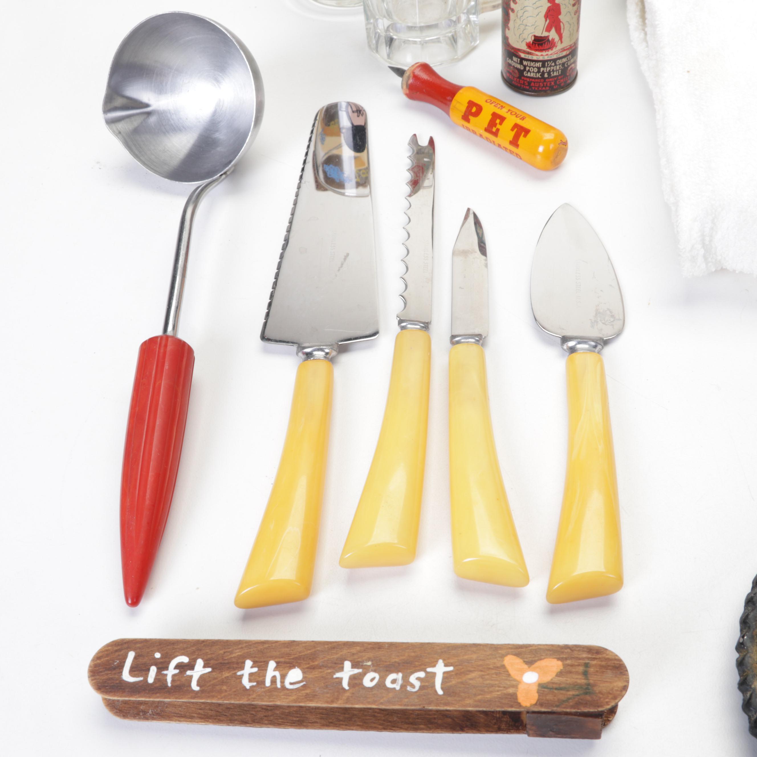 Vinegar, Oil, and Spice Rack with Food & Meat Chopper, Glass Tumblers, & More