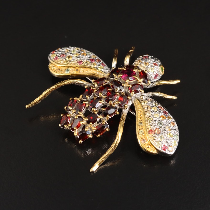 Sterling Garnet, Diopside and Sapphire Insect Brooch