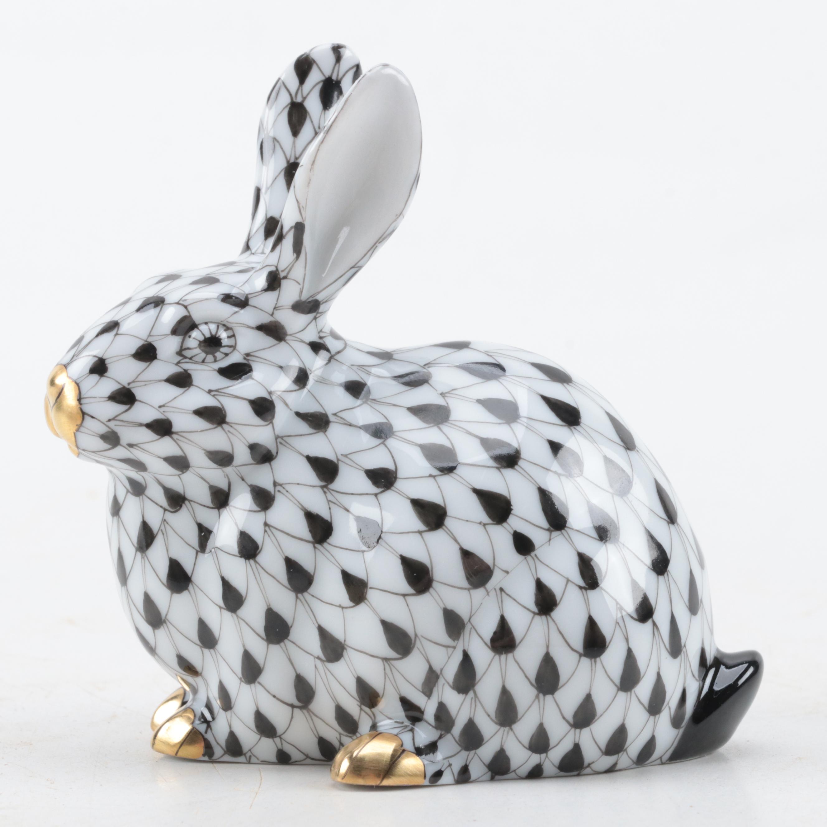 Herend Guild Black Fishnet with Gold "Chubby Bunny" Porcelain Figurine, 2006