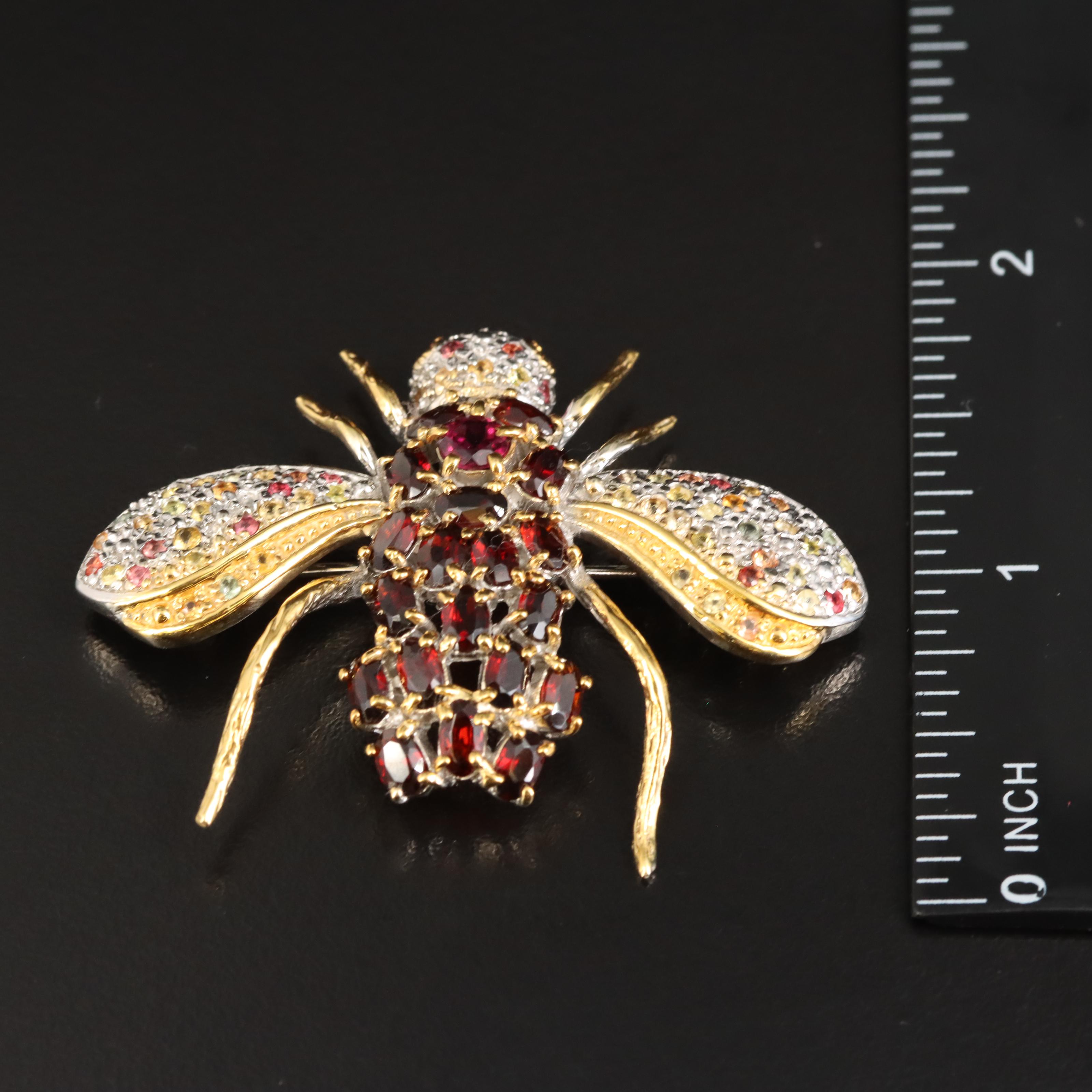 Sterling Garnet, Diopside and Sapphire Insect Brooch