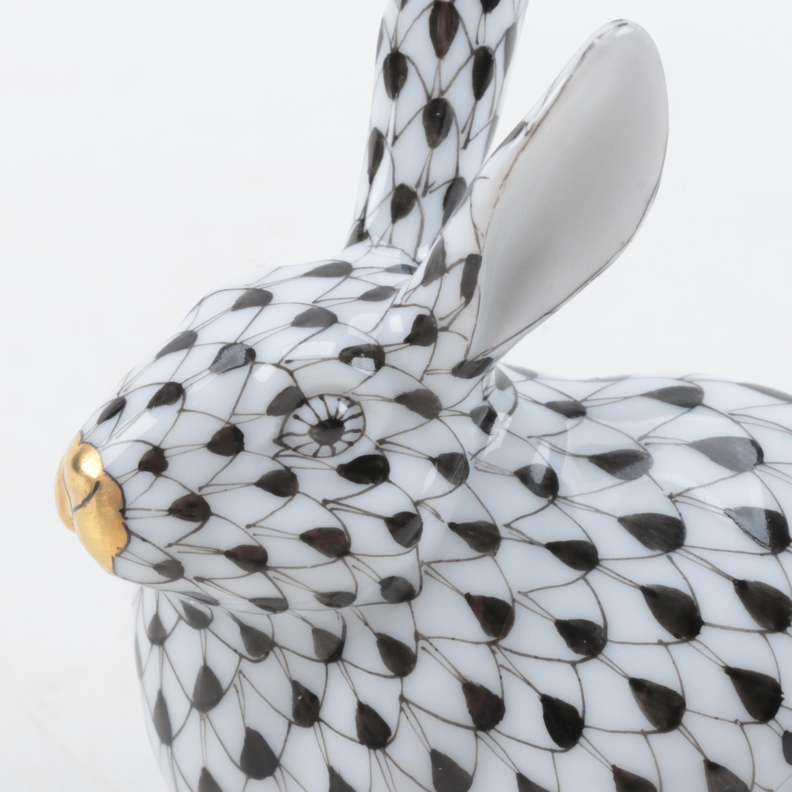 Herend Guild Black Fishnet with Gold "Chubby Bunny" Porcelain Figurine, 2006