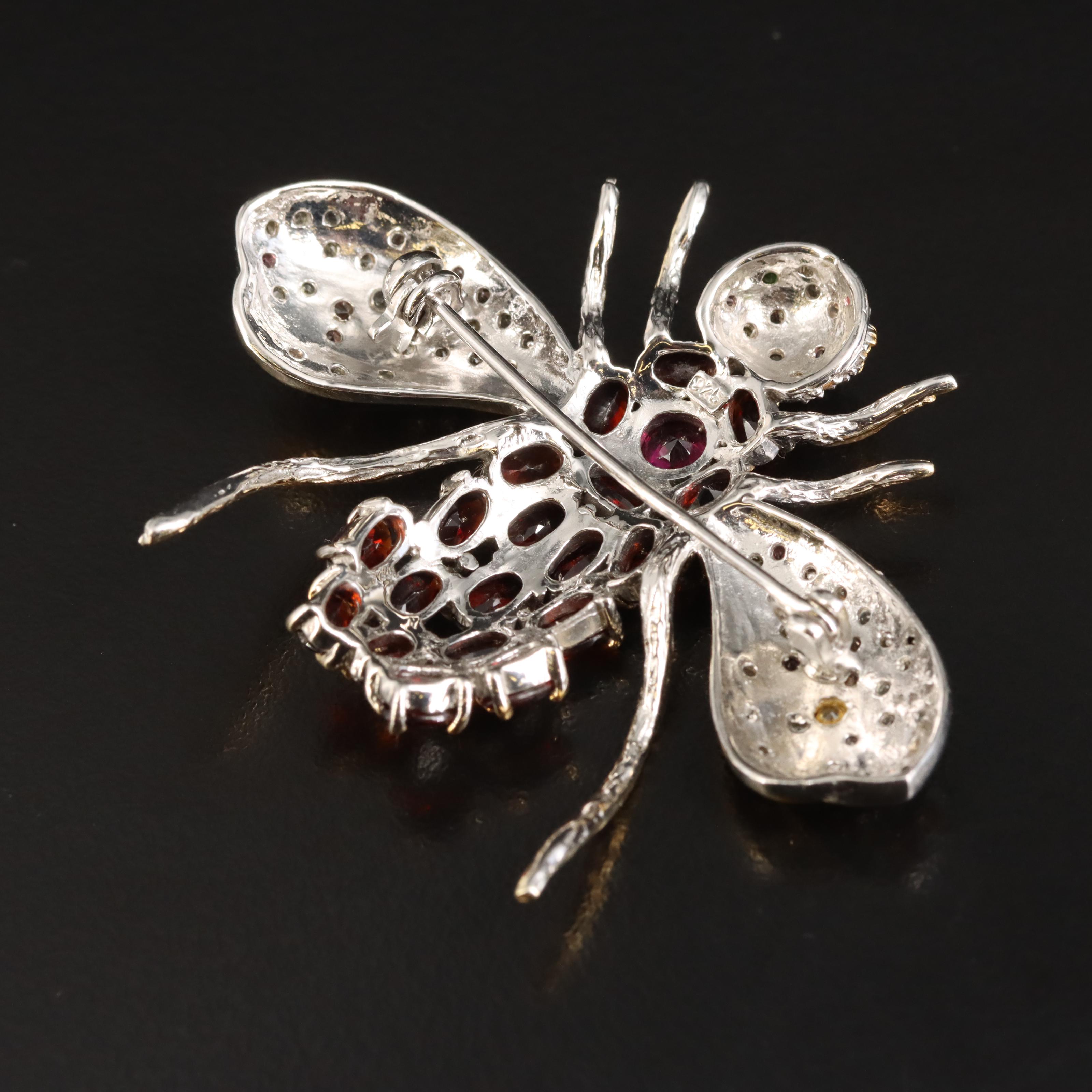 Sterling Garnet, Diopside and Sapphire Insect Brooch