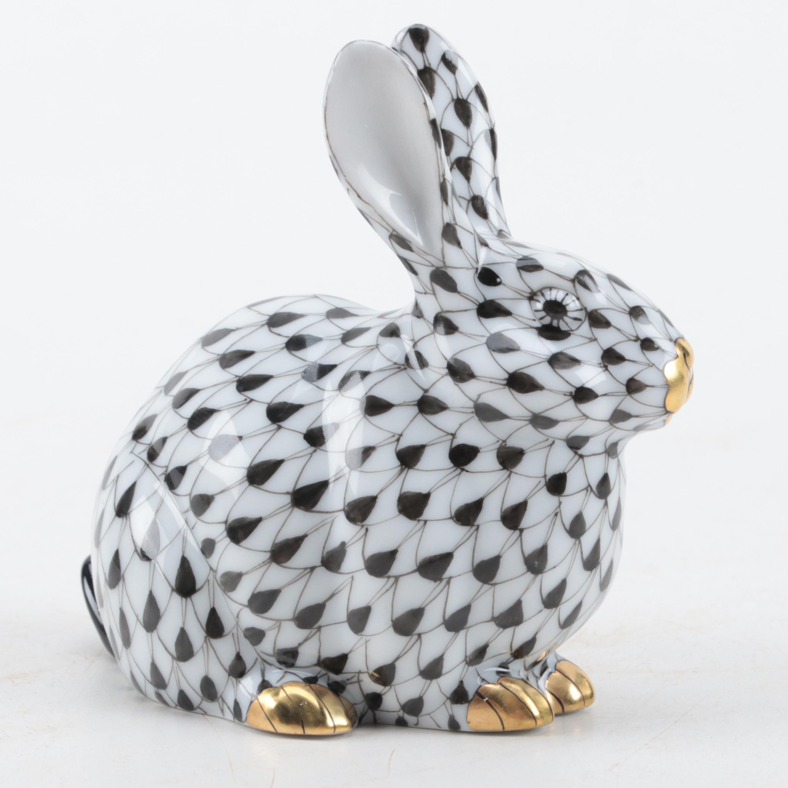 Herend Guild Black Fishnet with Gold "Chubby Bunny" Porcelain Figurine, 2006