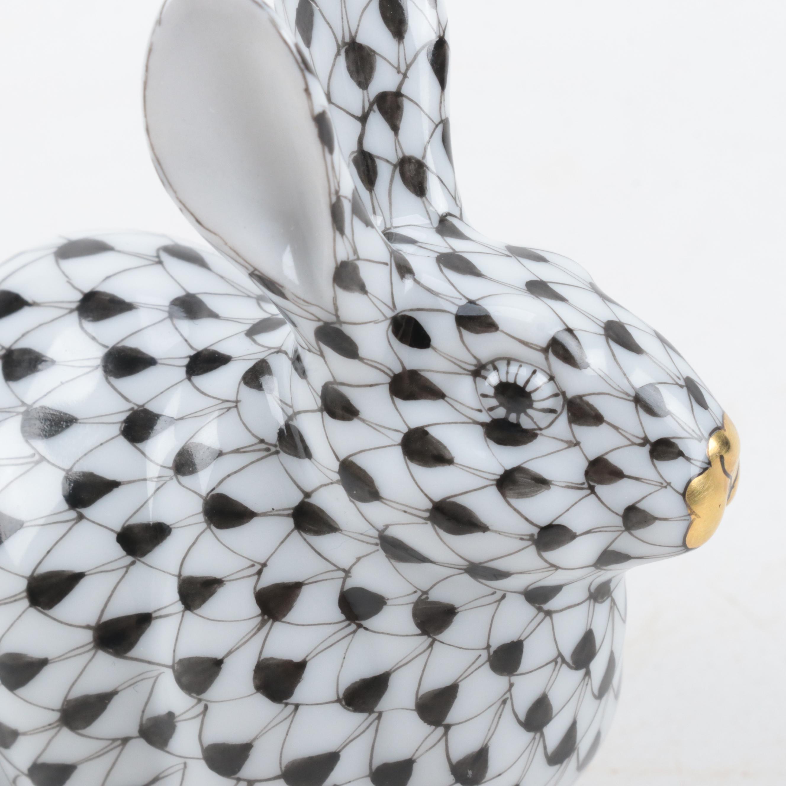 Herend Guild Black Fishnet with Gold "Chubby Bunny" Porcelain Figurine, 2006