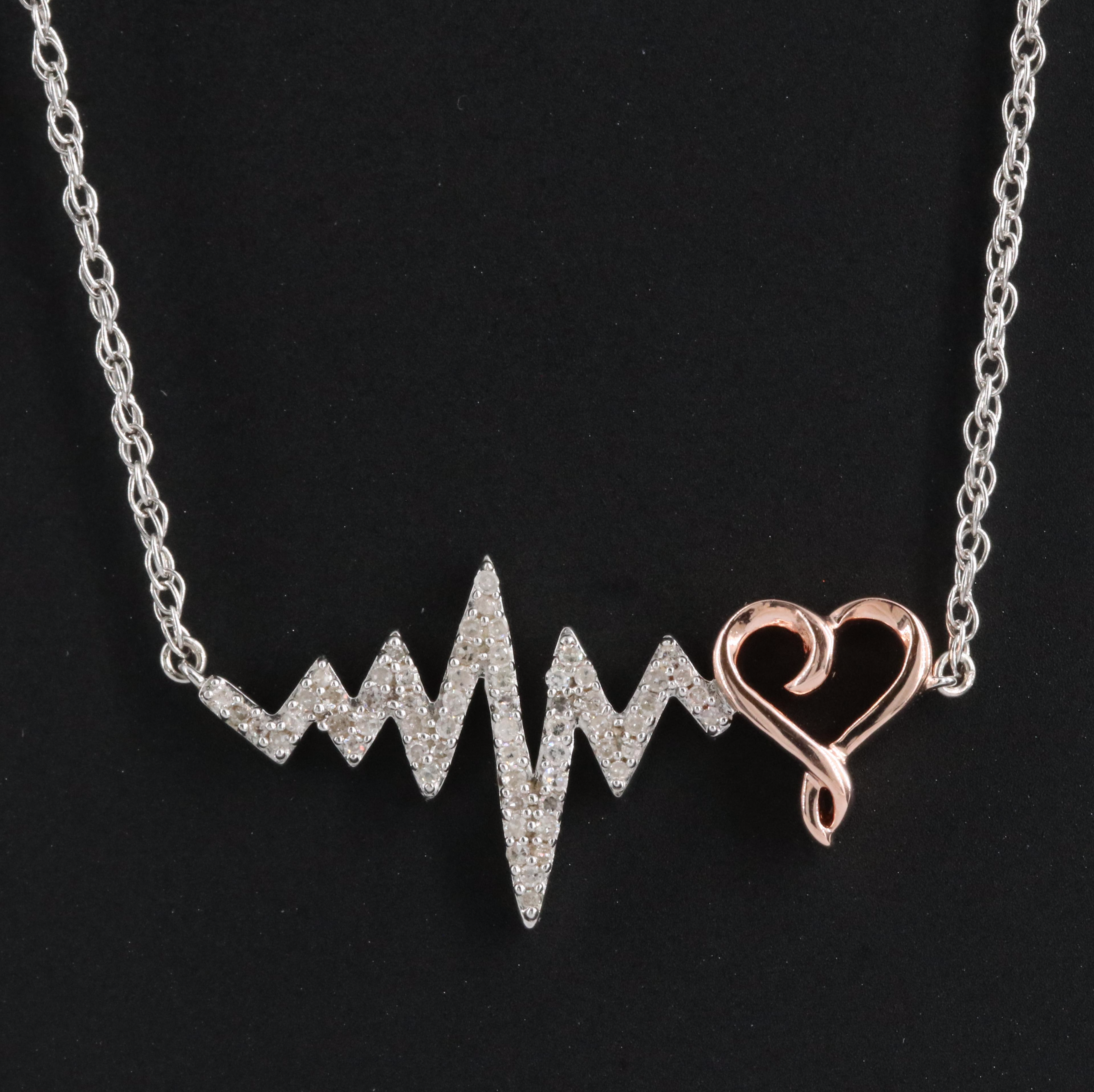 Sterling Diamond Heart Beat and Heart Necklace