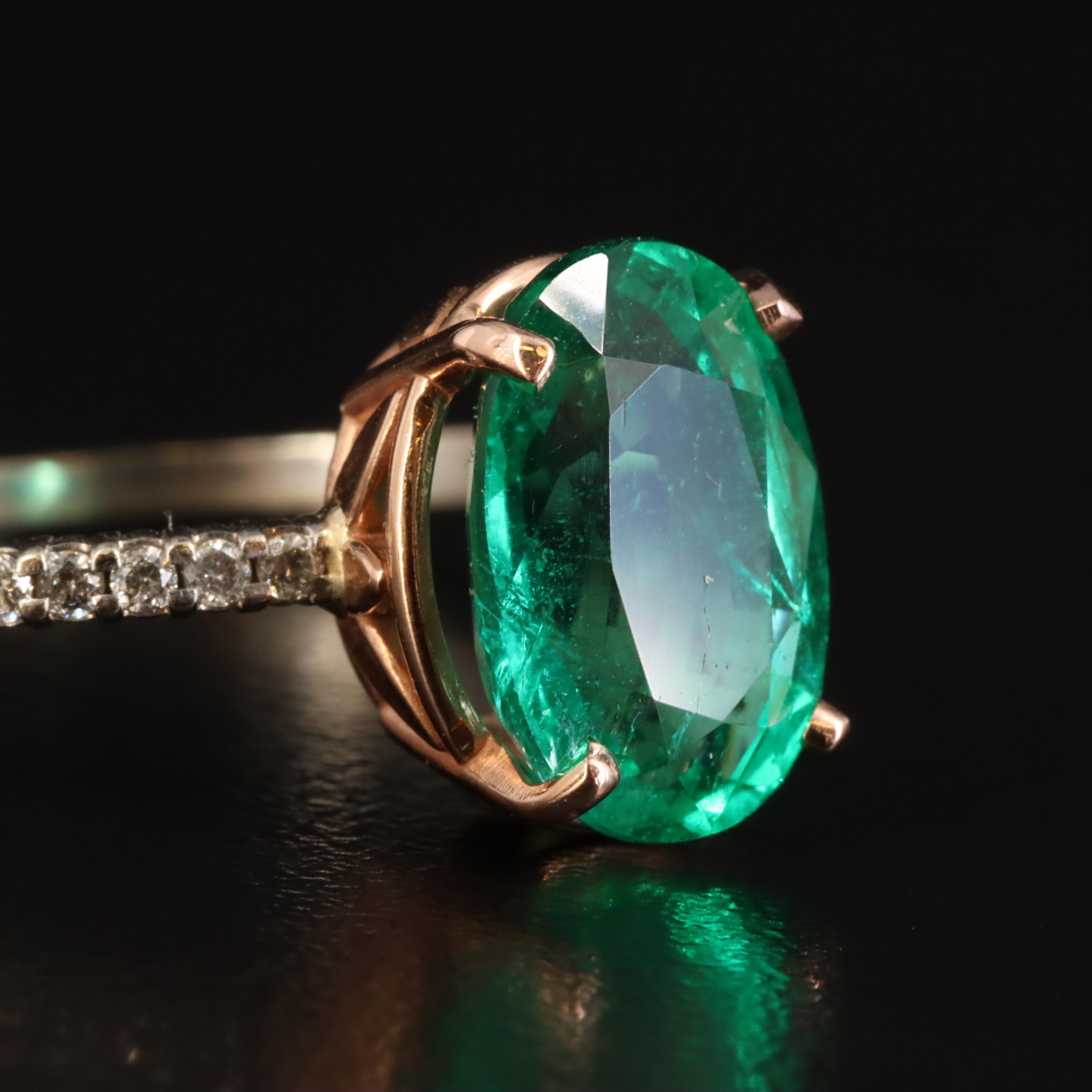 18K Rose Gold and 14K 3.25 CT Emerald and Diamond Ring