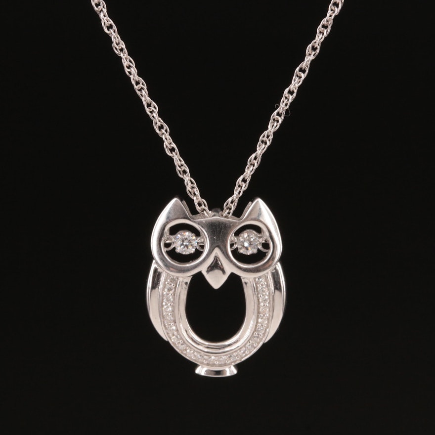 Sterling Diamond En Tremblant Owl Pendant Necklace