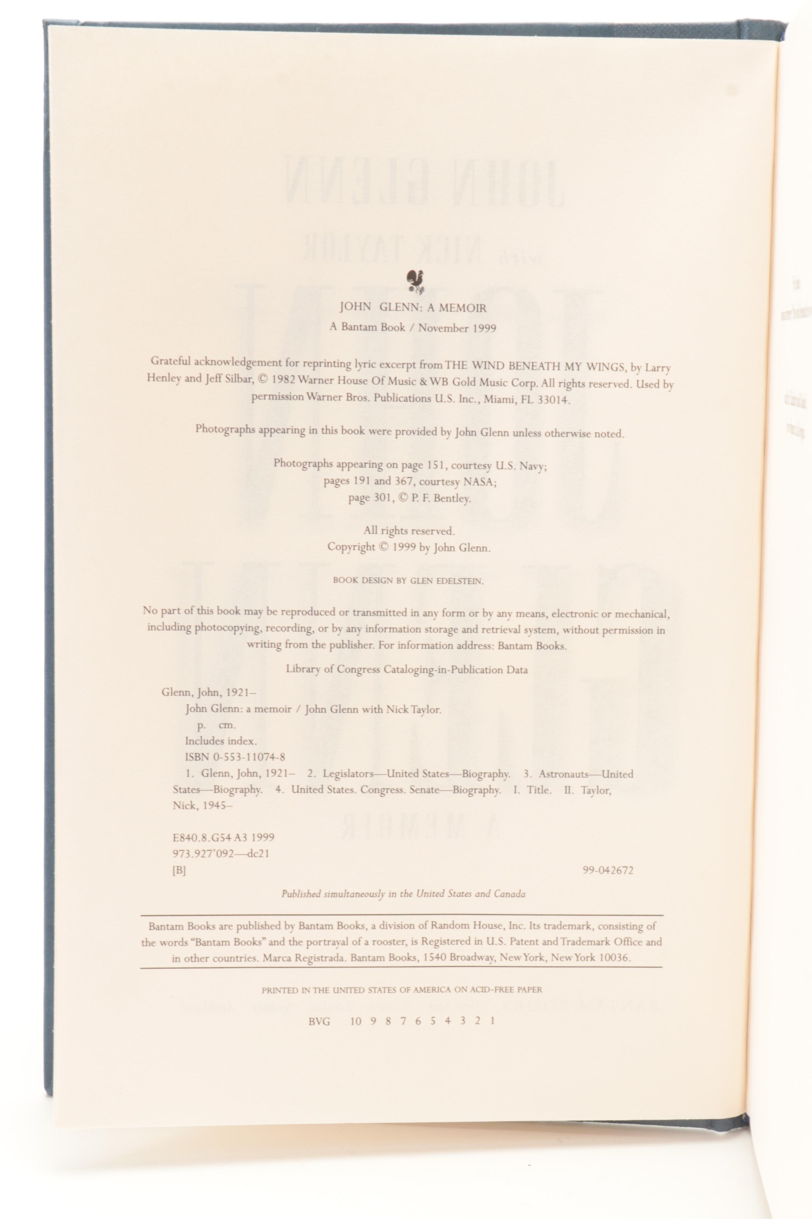 Signed First Edition "John Glenn: A Memoir" by John Glenn with Nick Taylor, 1999