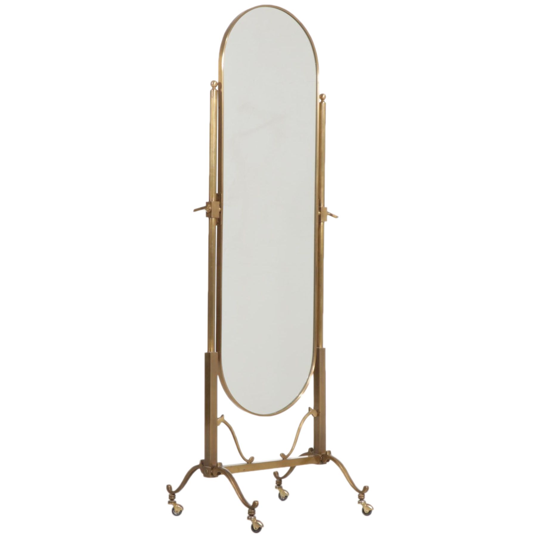 Art Deco Style Brass Racetrack Cheval Mirror on Casters