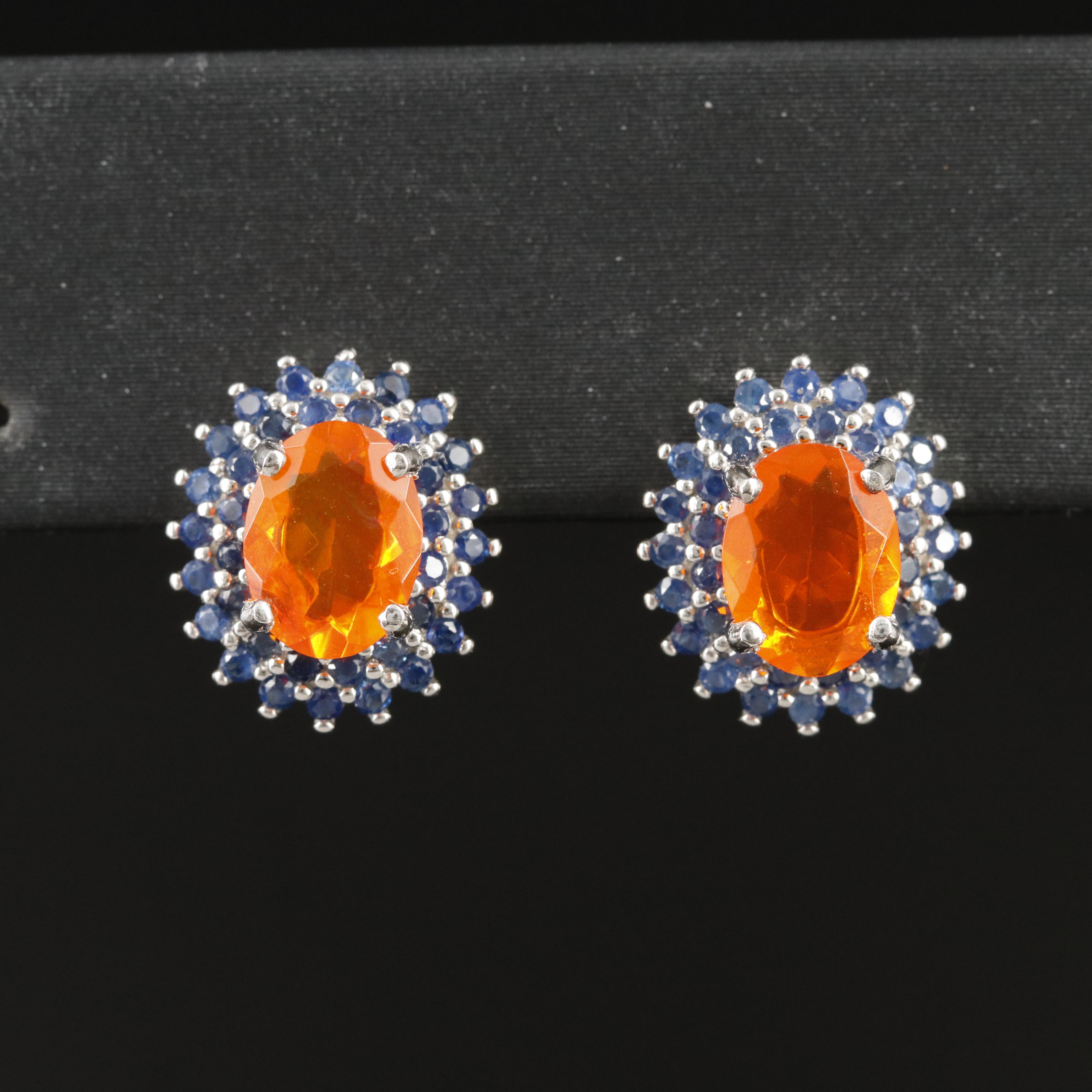 Sterling Fire Opal and Sapphire Earrings