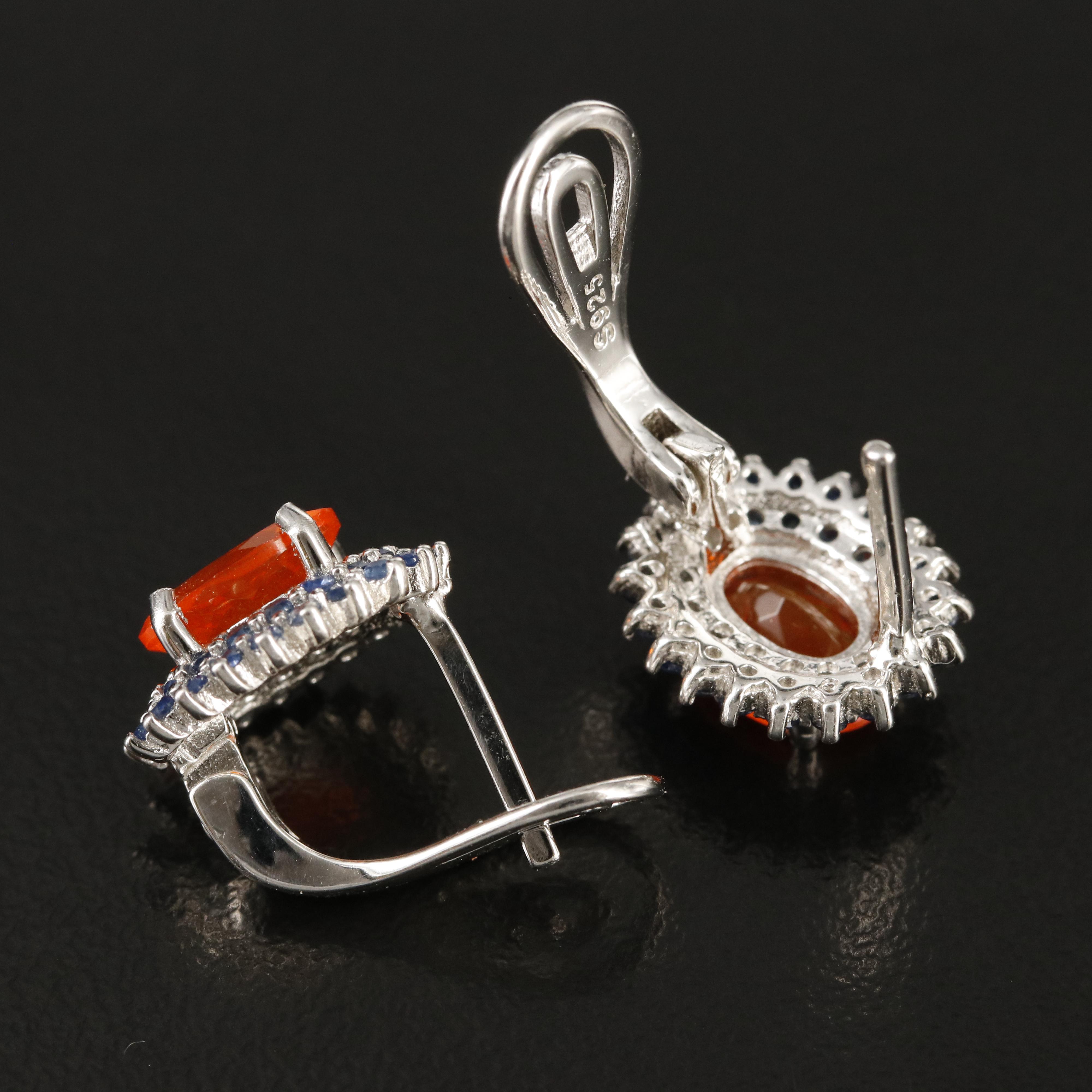 Sterling Fire Opal and Sapphire Earrings