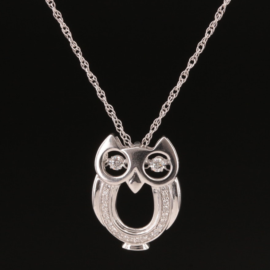 Sterling Diamond En Tremblant Owl Pendant Necklace