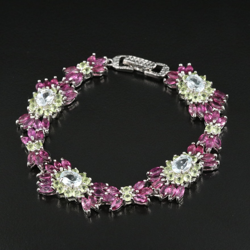 Sterling Aquamarine, Peridot and Rhodolite Garnet Bracelet