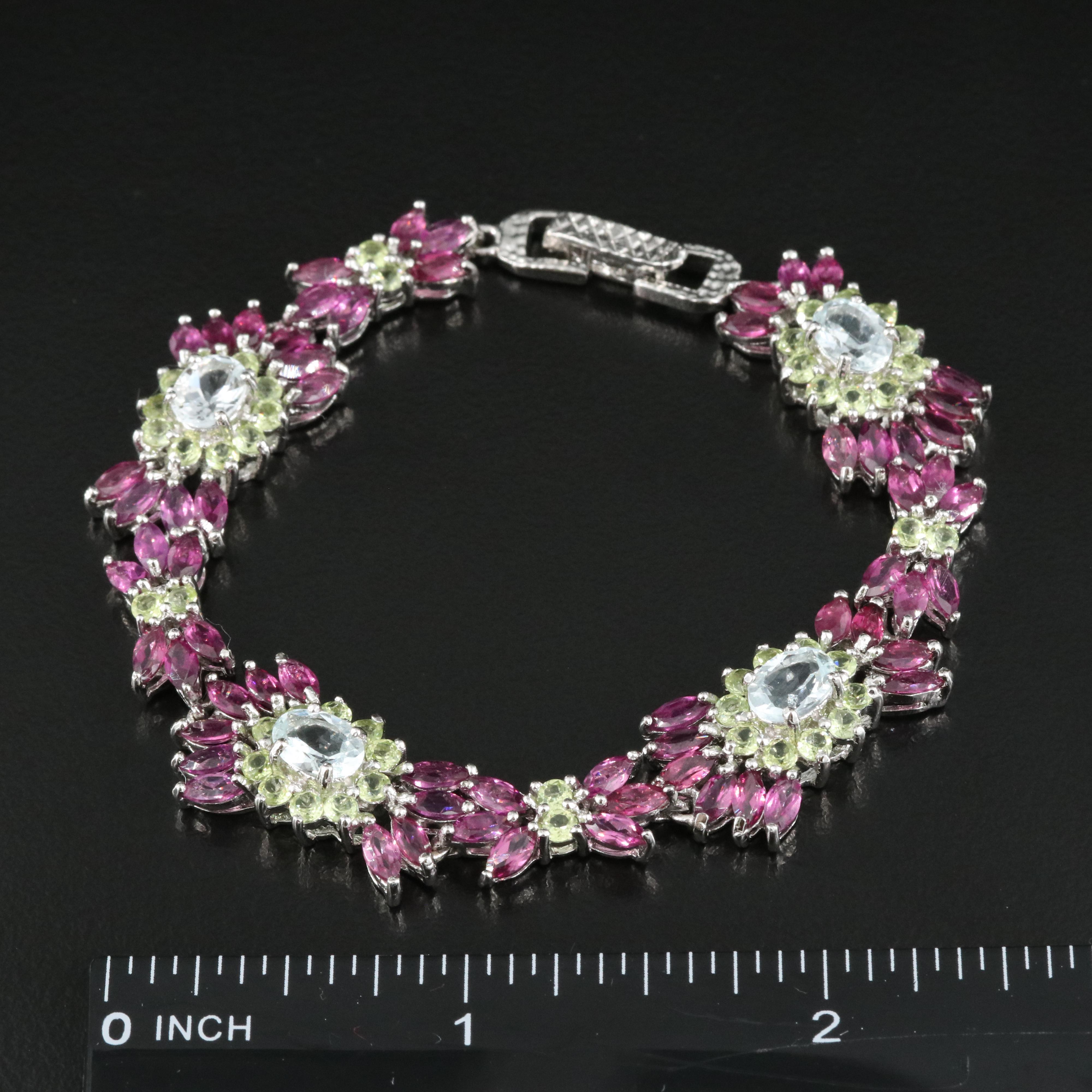 Sterling Aquamarine, Peridot and Rhodolite Garnet Bracelet