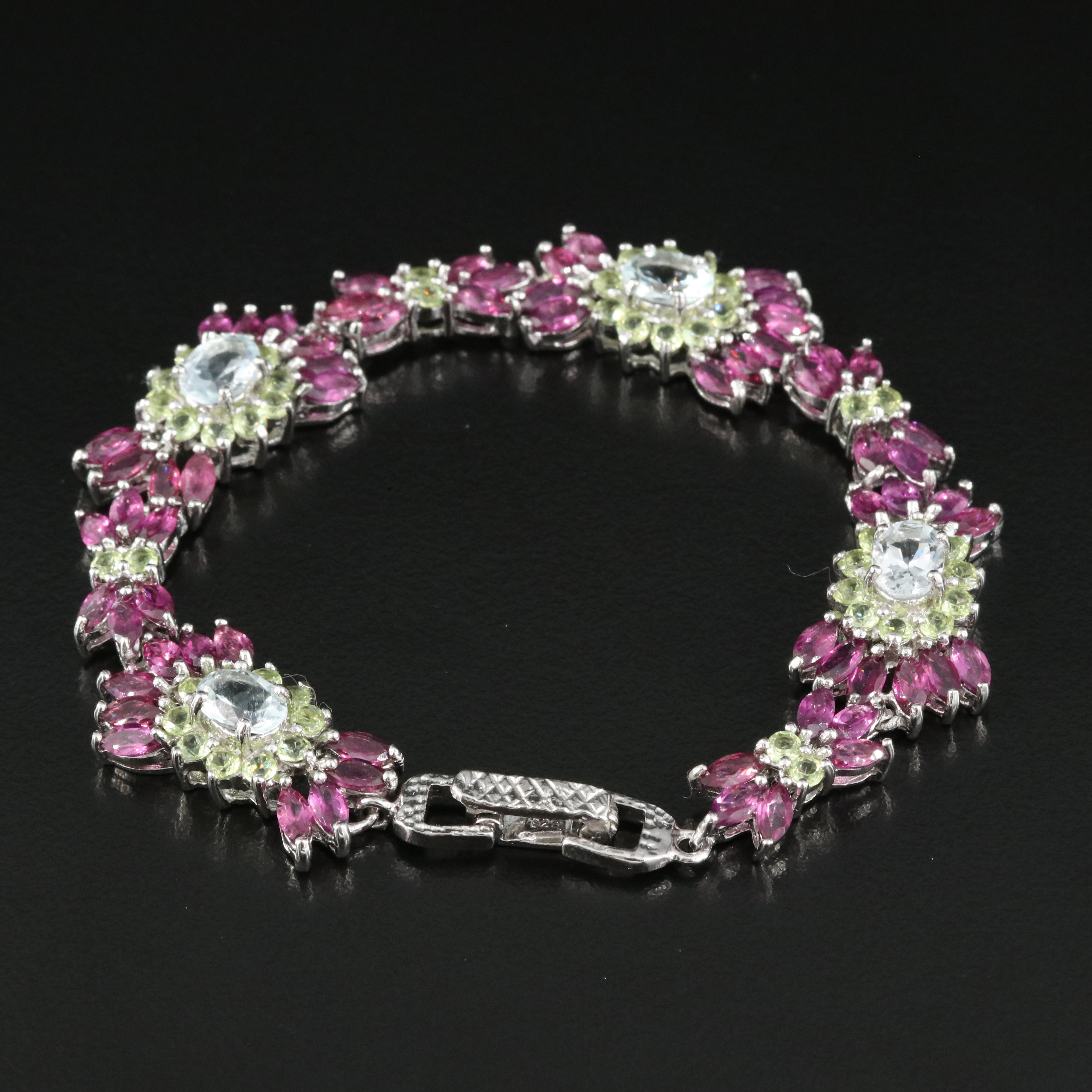 Sterling Aquamarine, Peridot and Rhodolite Garnet Bracelet