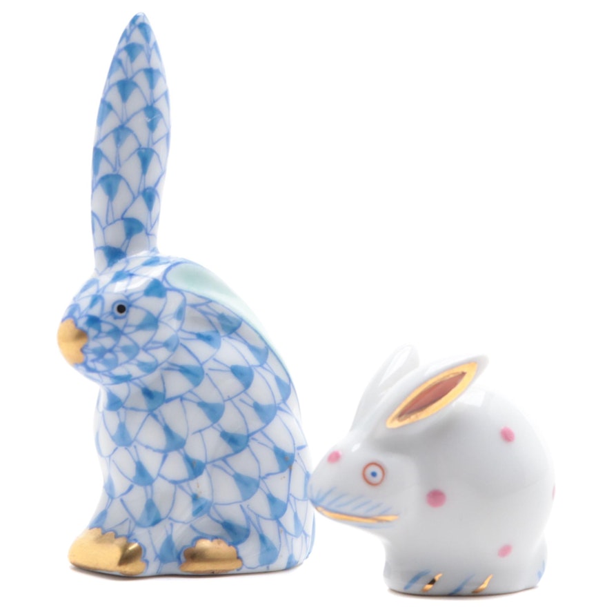 Herend Blue Fishnet "Rabbit One Ear Up" and "Polka Dot Rabbit" Figurines
