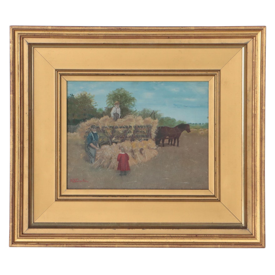 A. B. Clarke Oil Painting of Figures Baling Hay