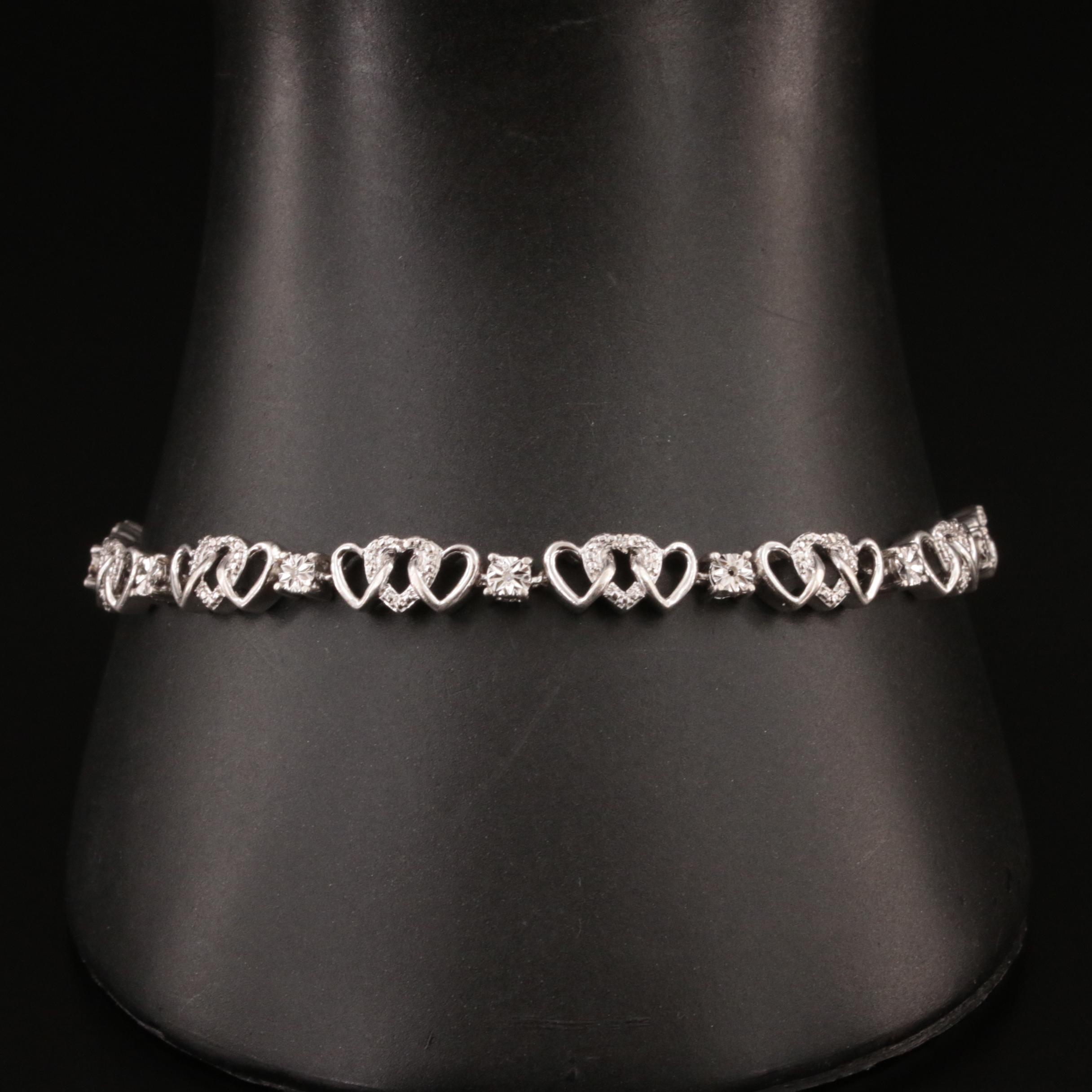Sterling Diamond Triple Heart Link Bracelet