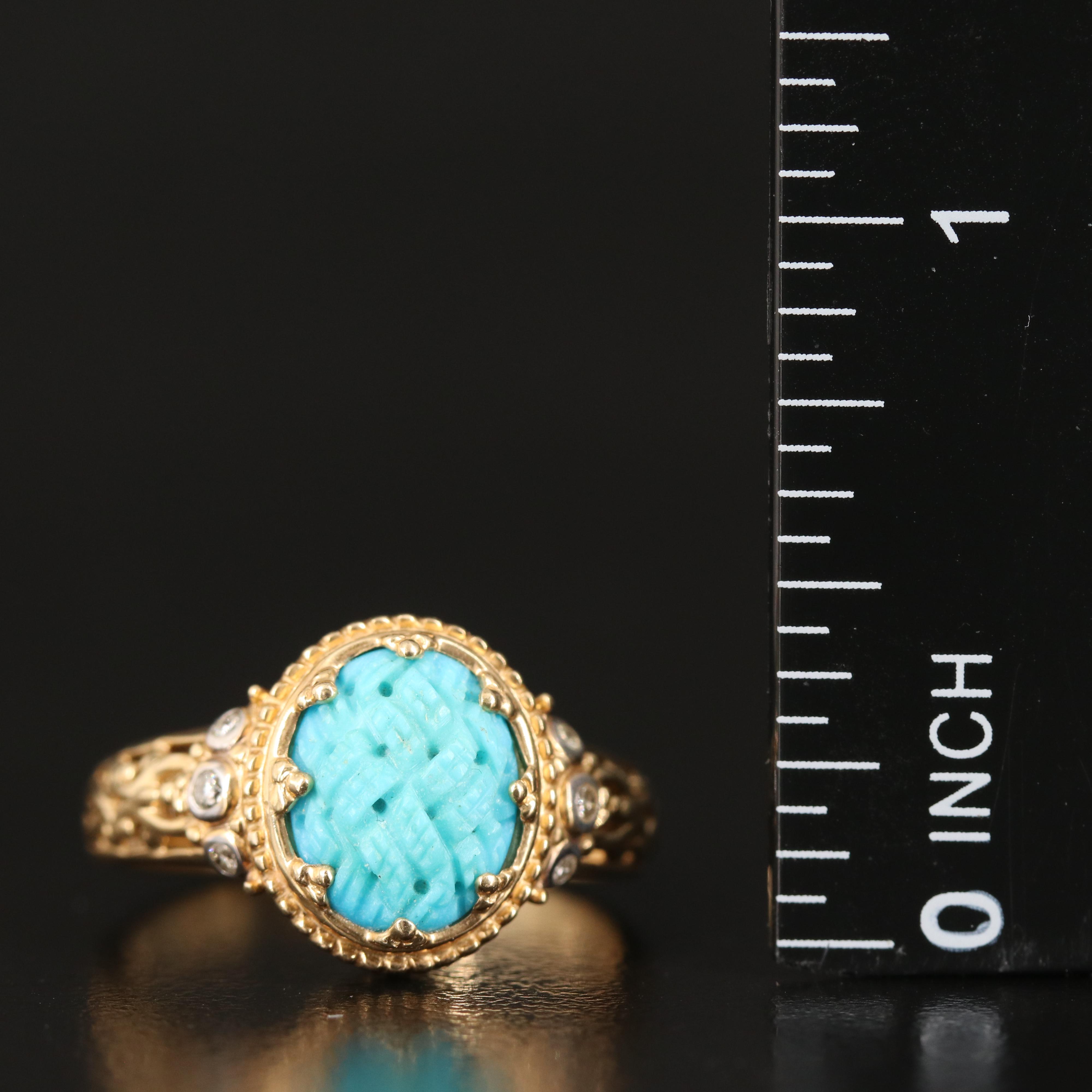 14K Carved Turquoise and Diamond Ring