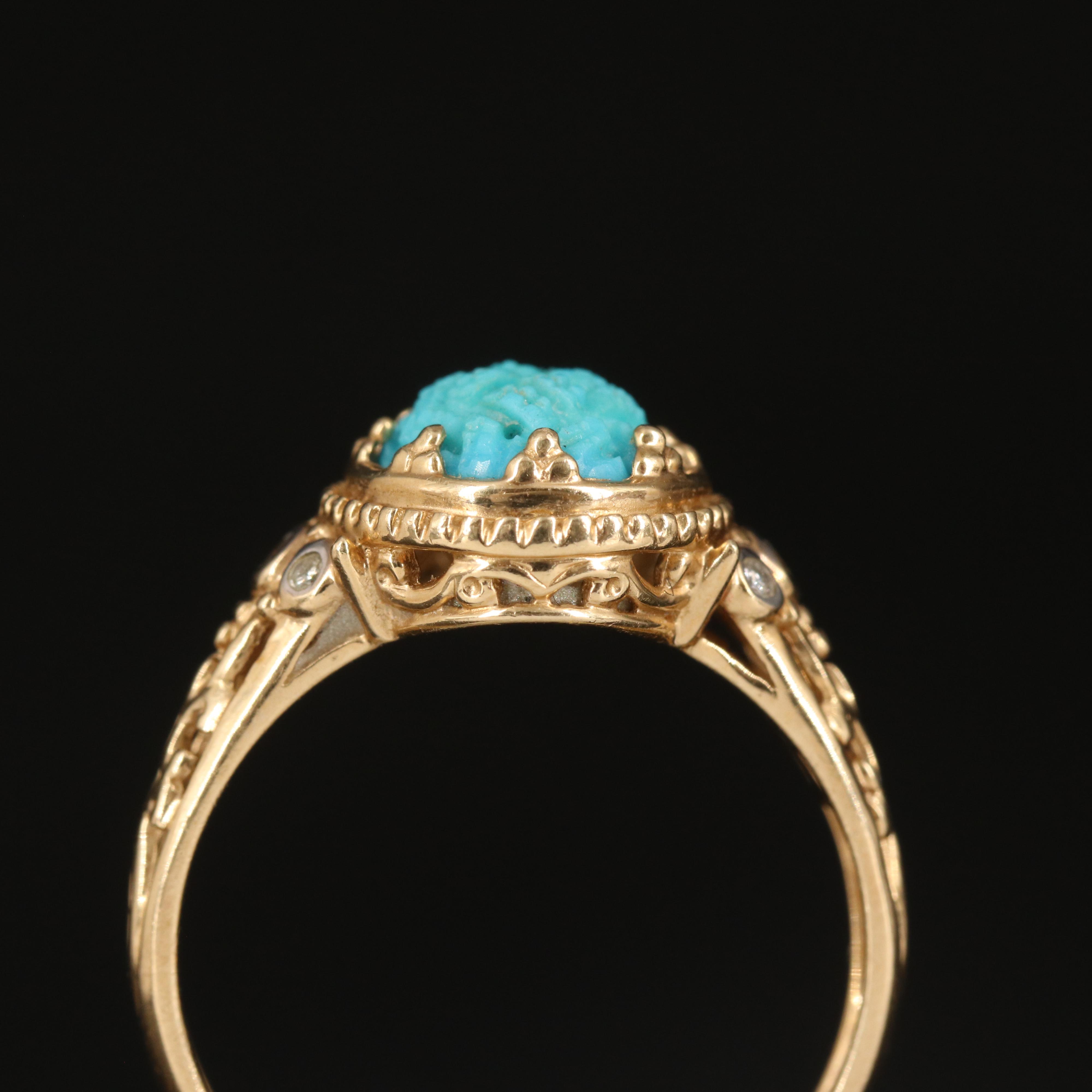 14K Carved Turquoise and Diamond Ring