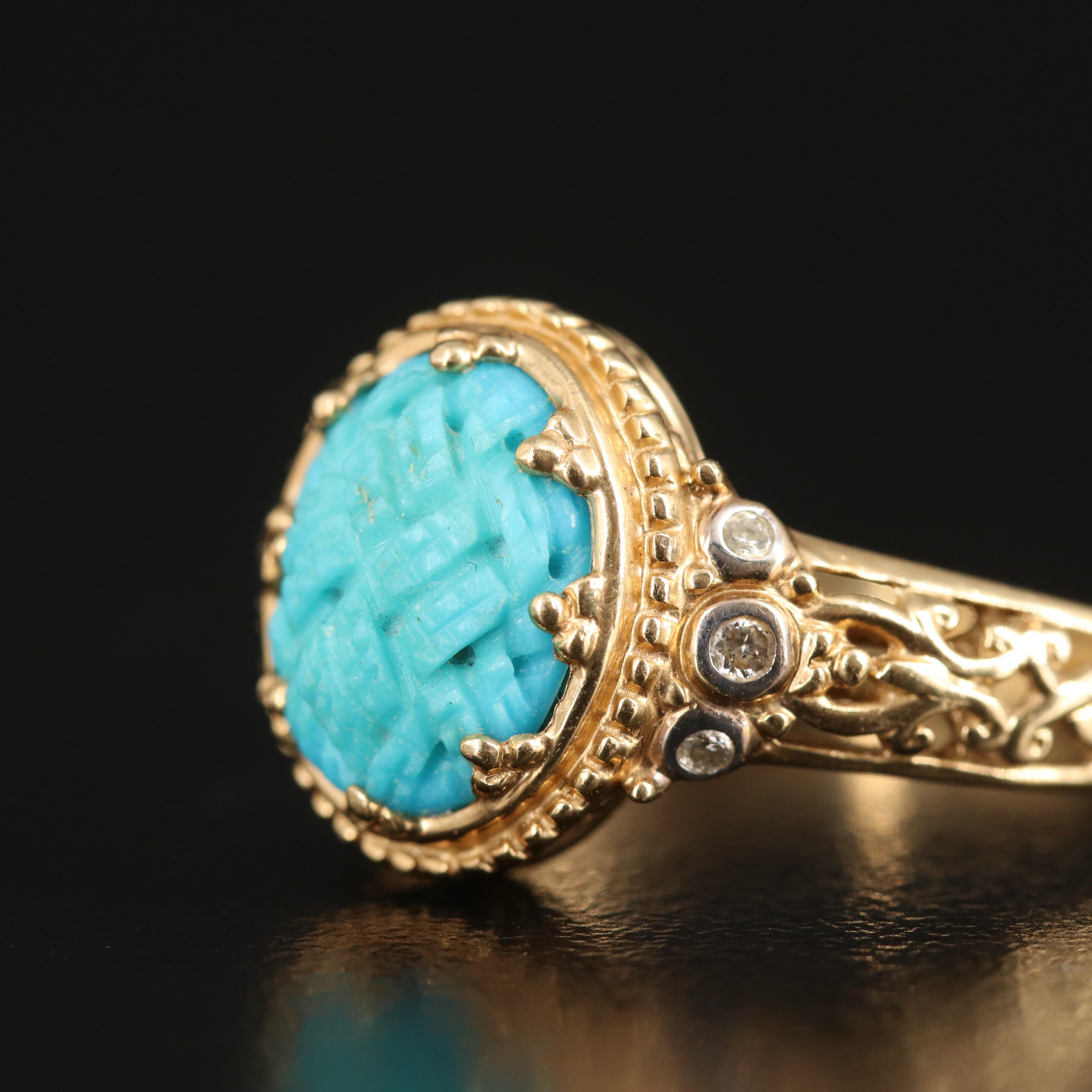 14K Carved Turquoise and Diamond Ring
