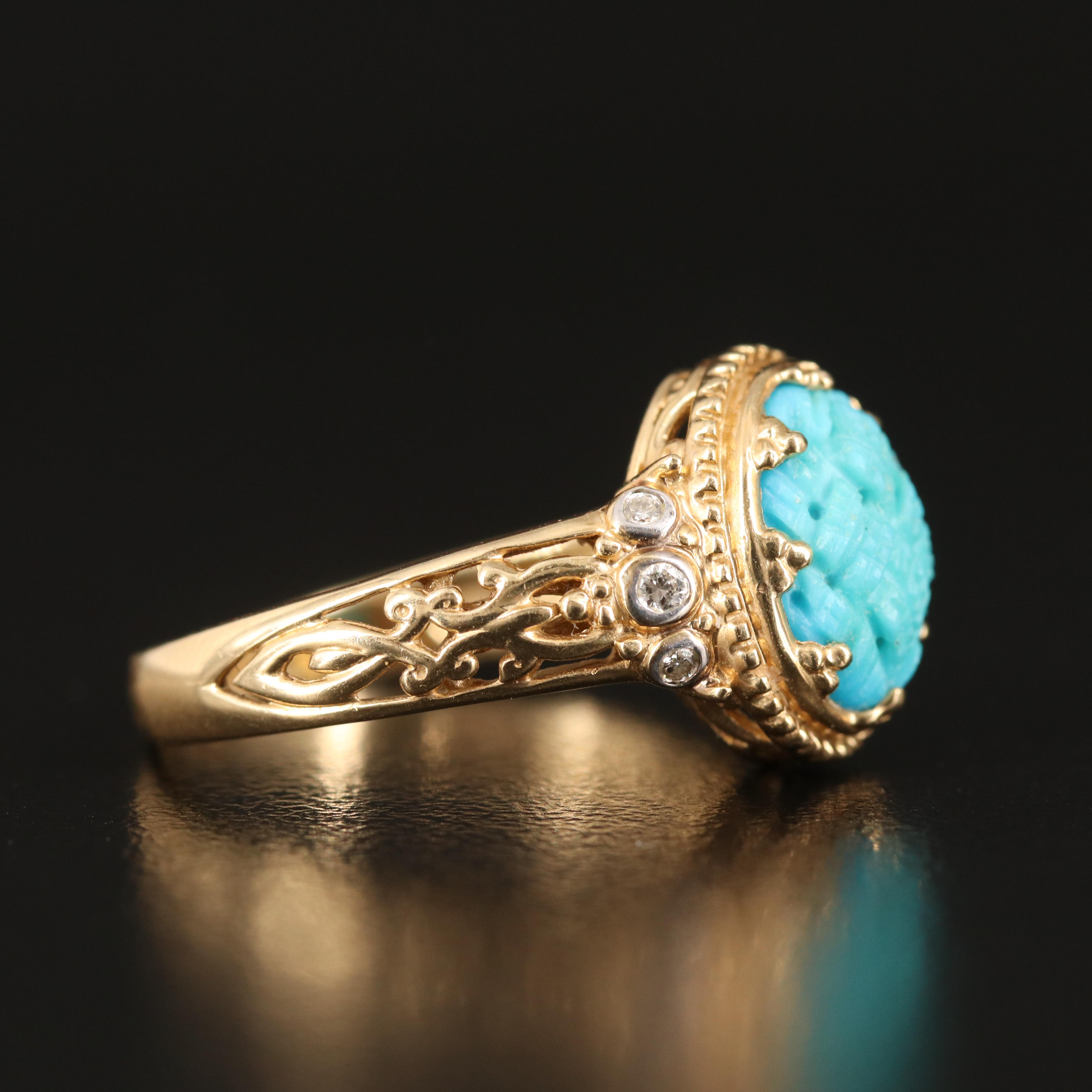 14K Carved Turquoise and Diamond Ring