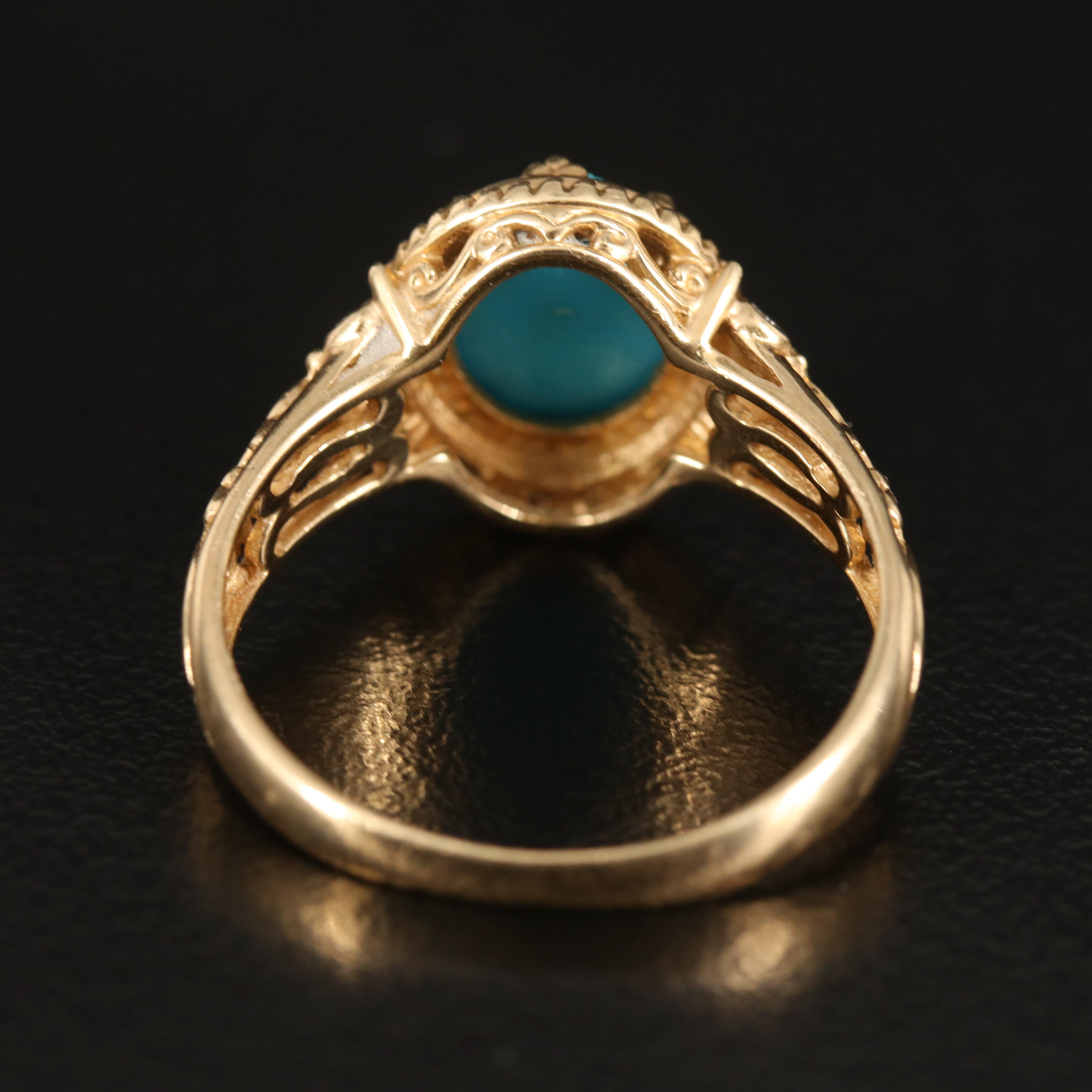 14K Carved Turquoise and Diamond Ring