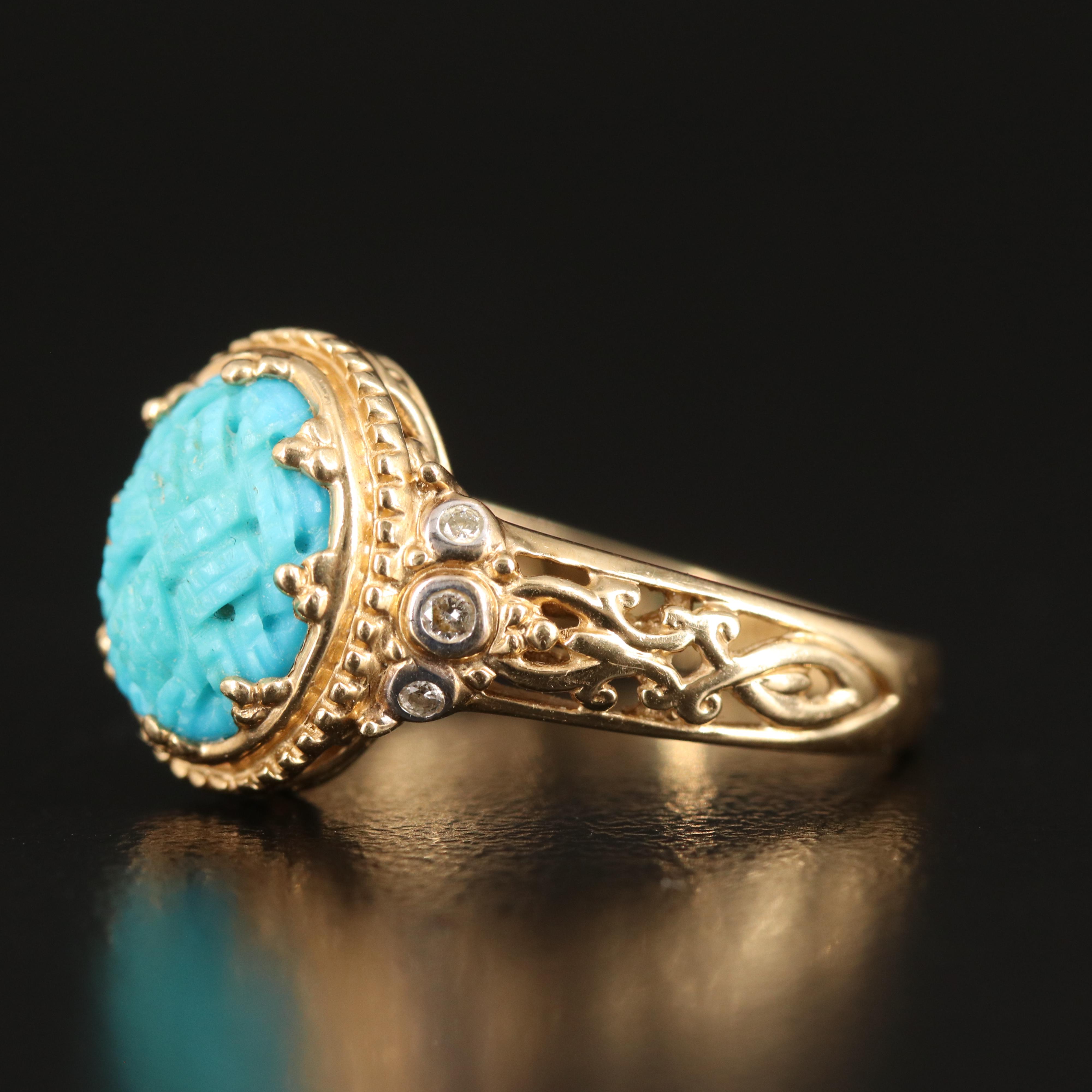 14K Carved Turquoise and Diamond Ring