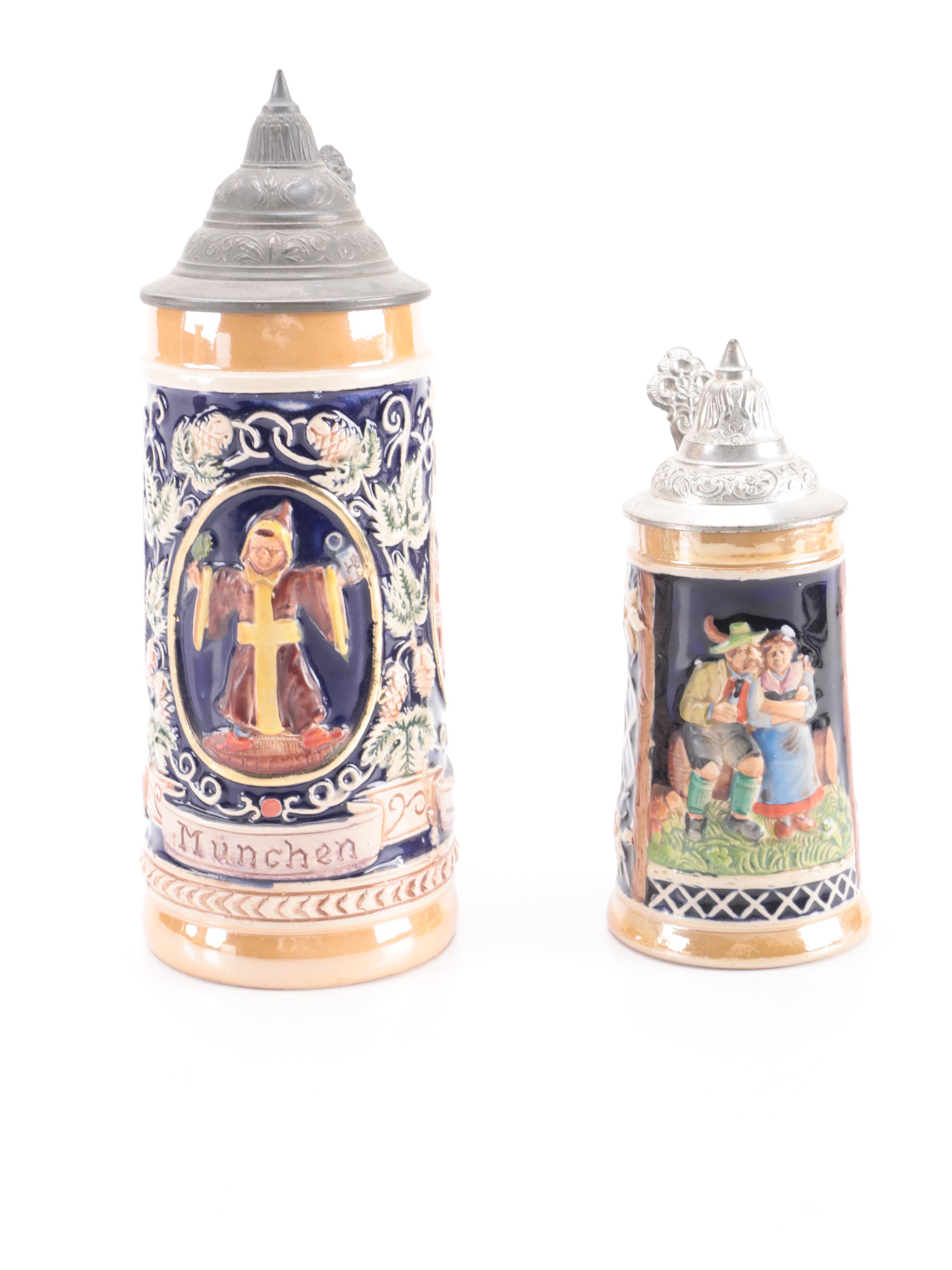 German Molded Earthenware Beer Steins with Other Copper Pitcher