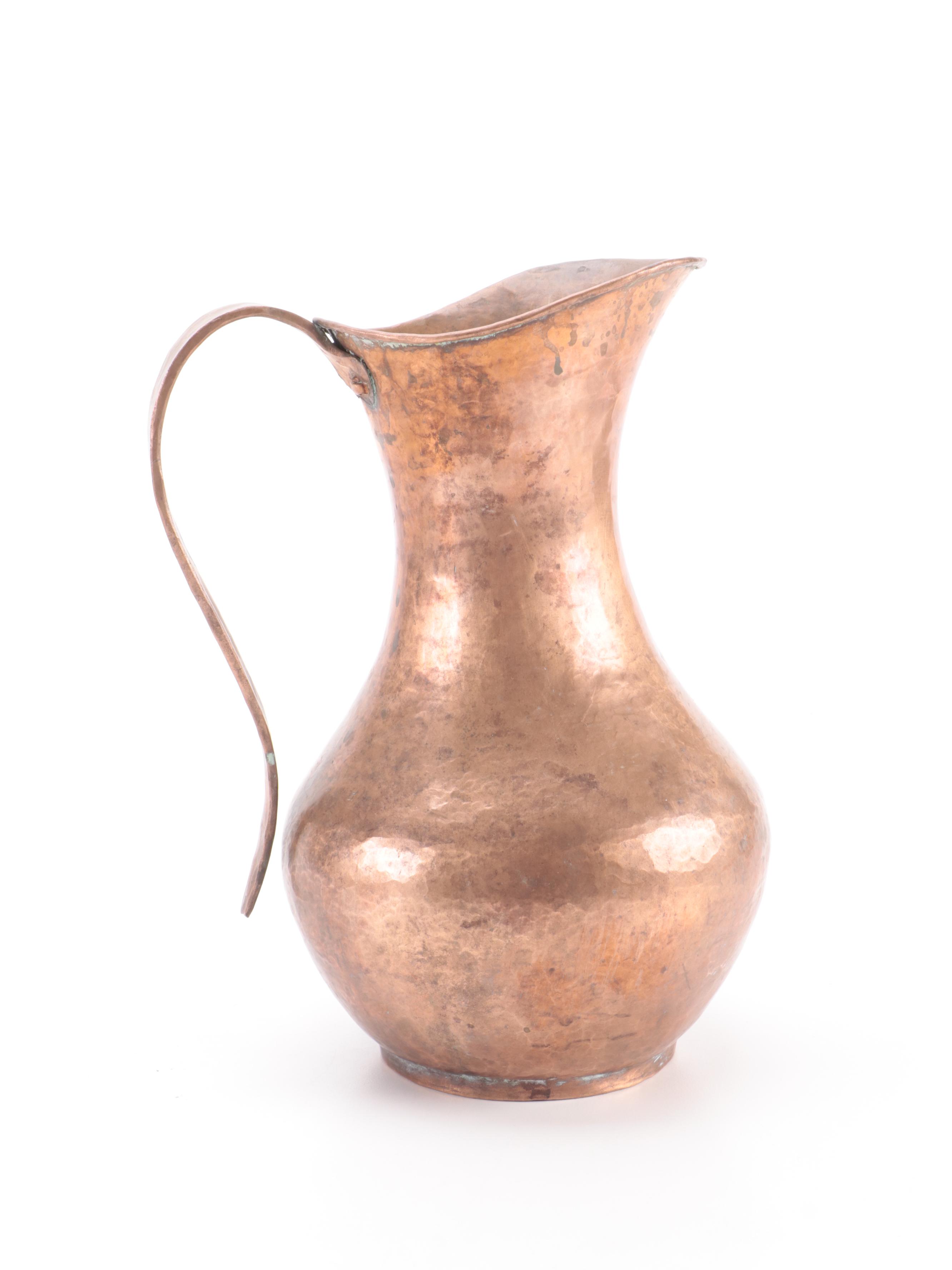 German Molded Earthenware Beer Steins with Other Copper Pitcher