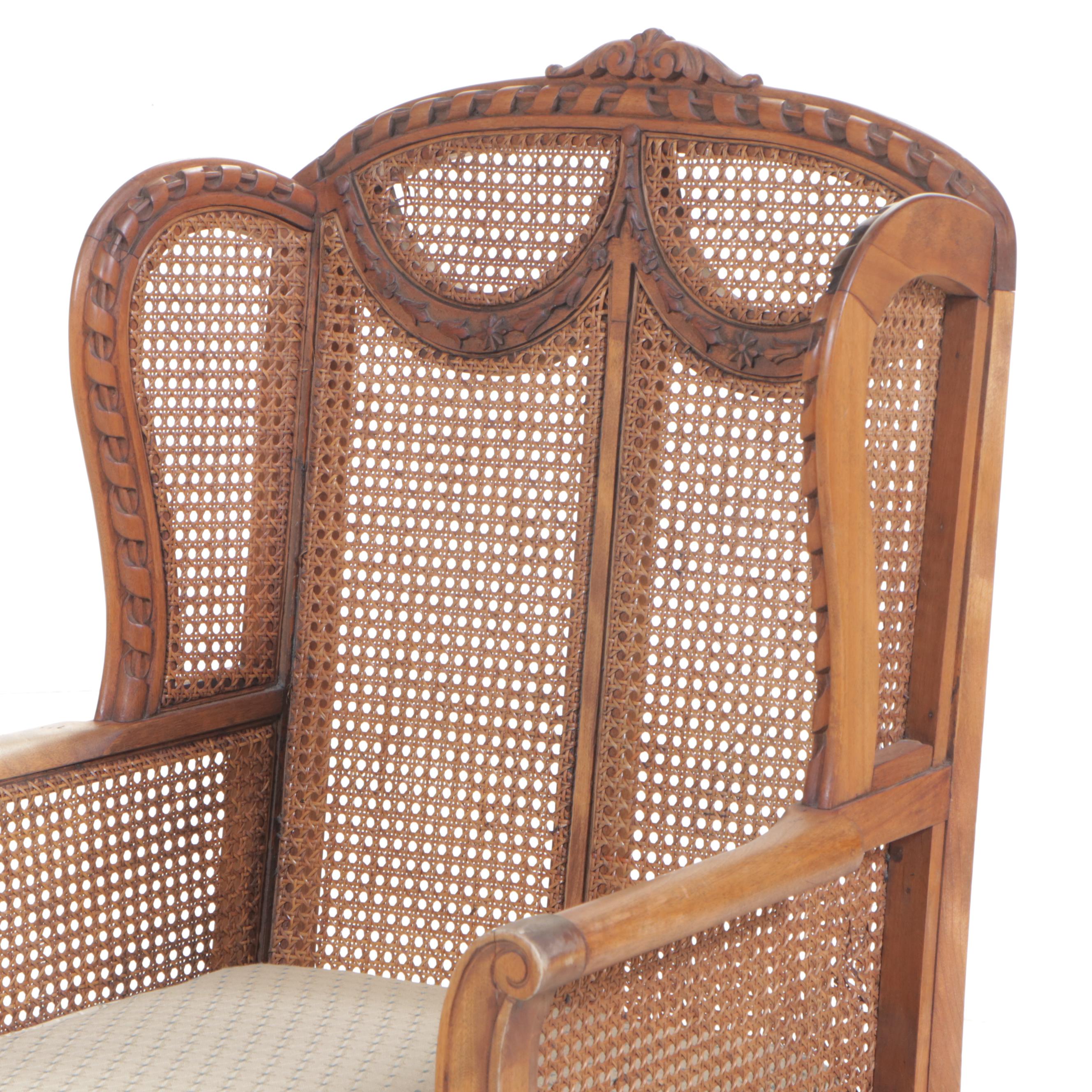 Louis XVI Style Carved Hardwood and Caned Bergère avec Orielles, 20th Century