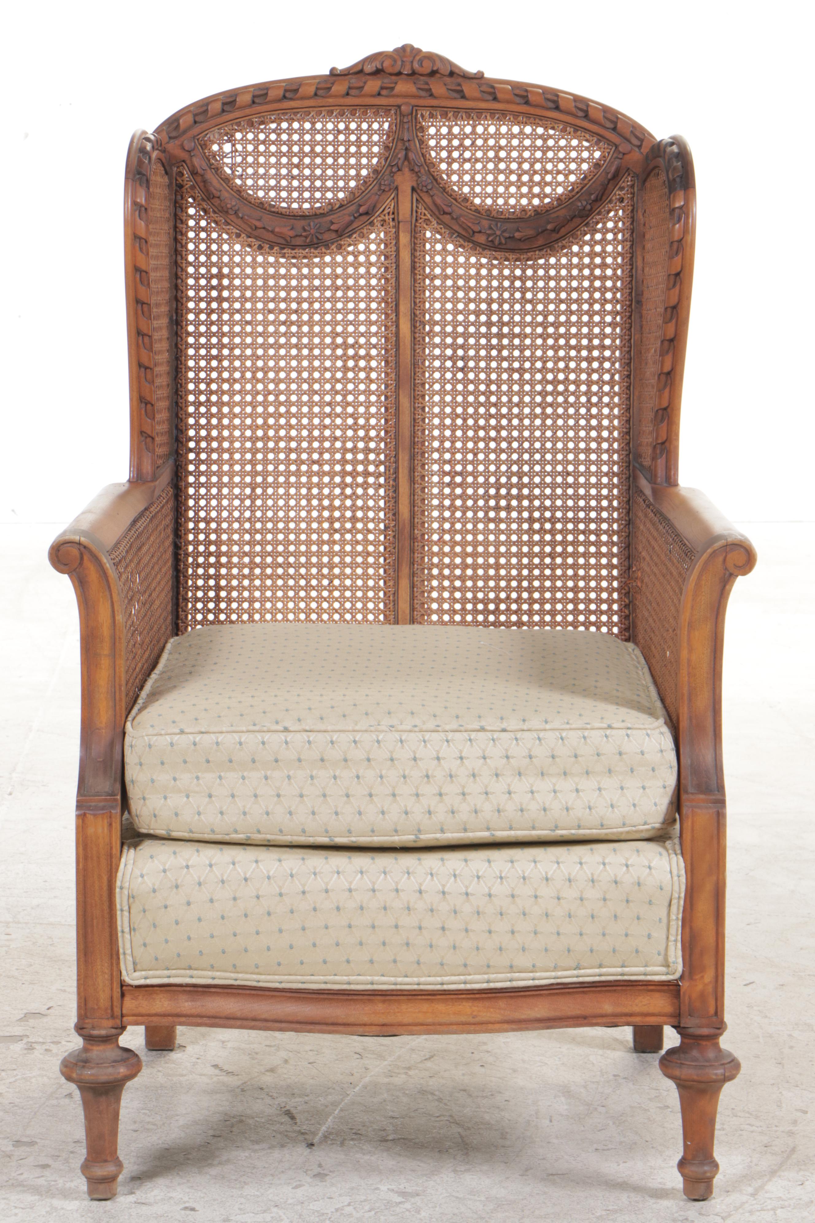 Louis XVI Style Carved Hardwood and Caned Bergère avec Orielles, 20th Century