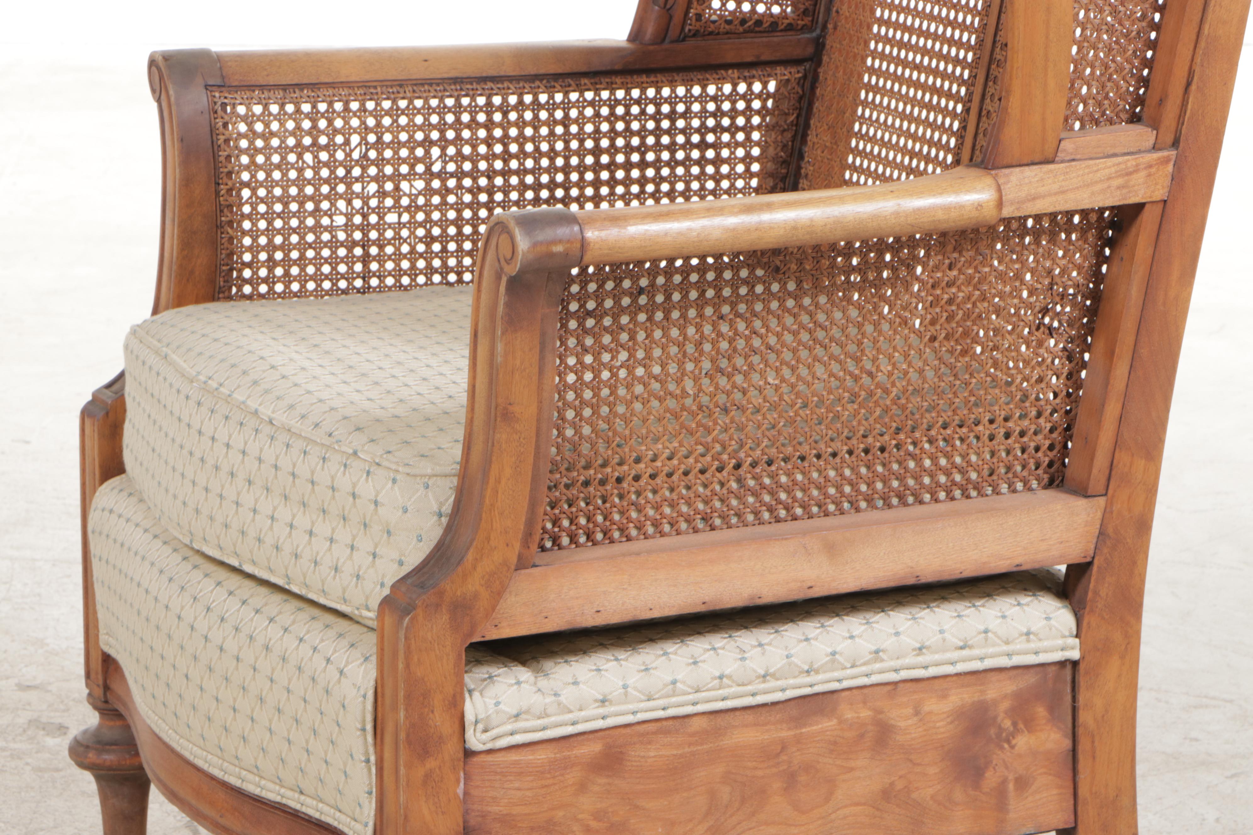 Louis XVI Style Carved Hardwood and Caned Bergère avec Orielles, 20th Century