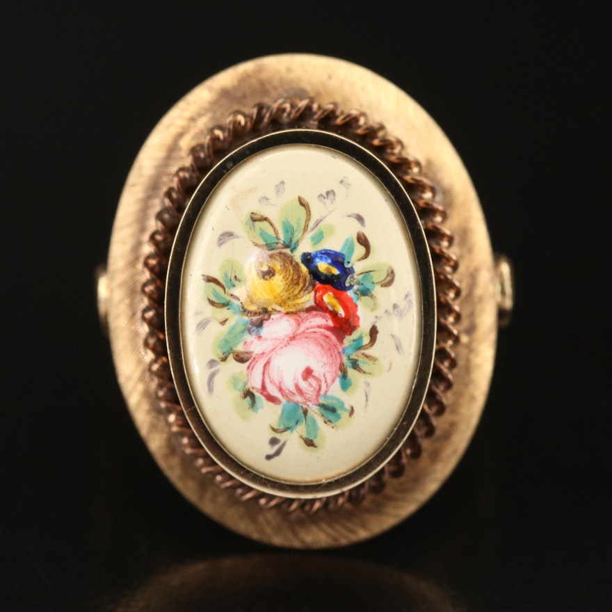 Vintage 14K Ceramic Floral Painted Ring