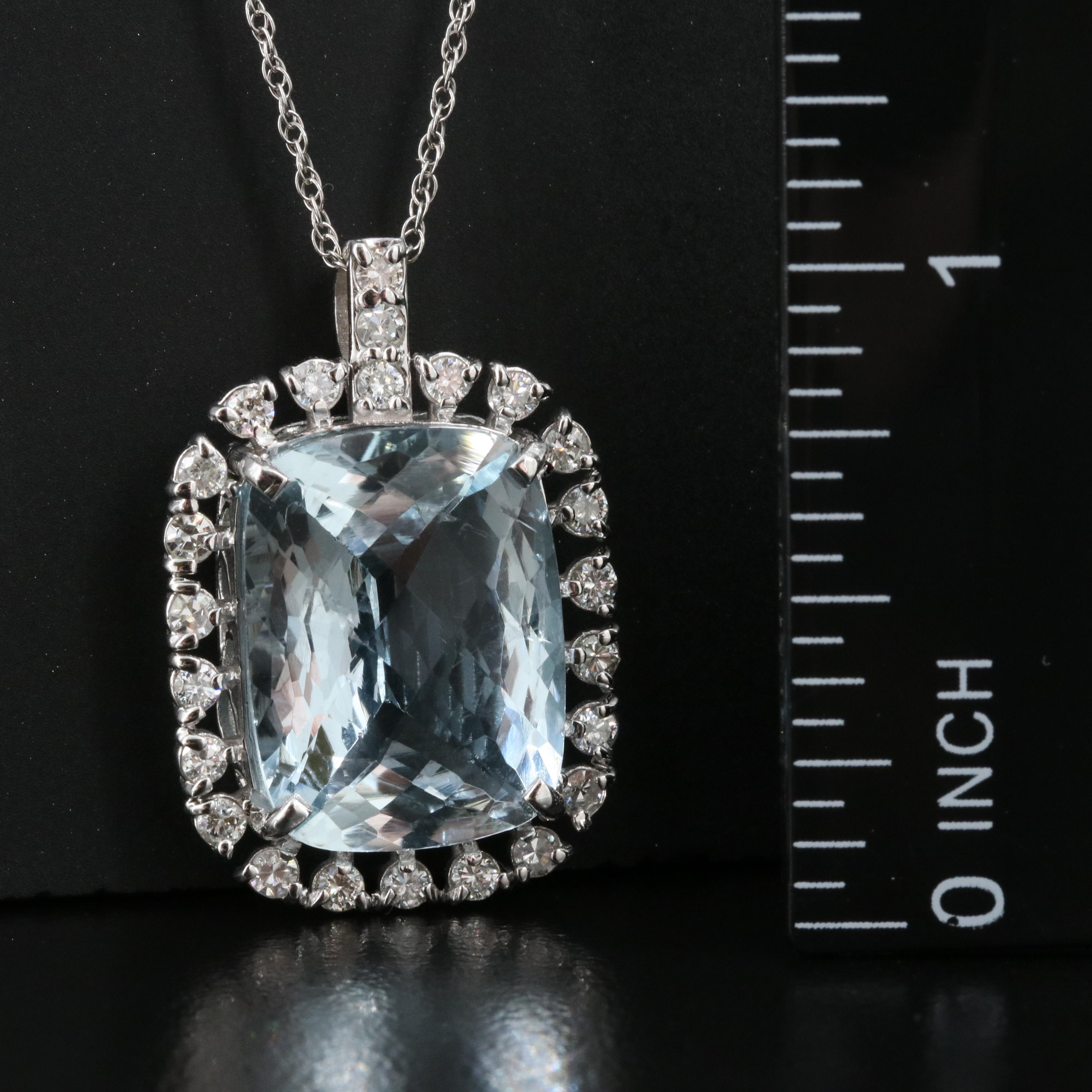 14K 10.61 CT Aquamarine and Diamond Halo Pendant Necklace