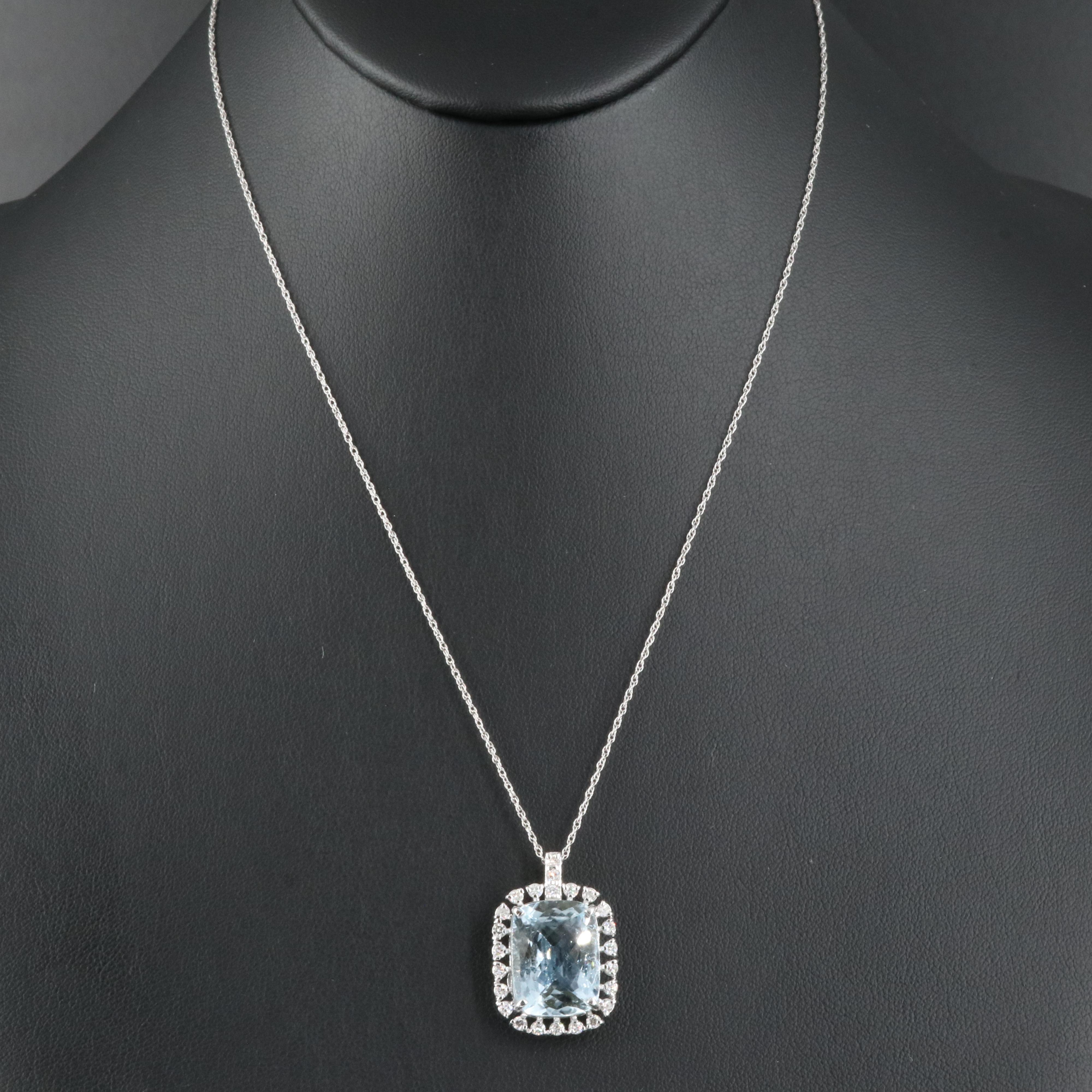 14K 10.61 CT Aquamarine and Diamond Halo Pendant Necklace