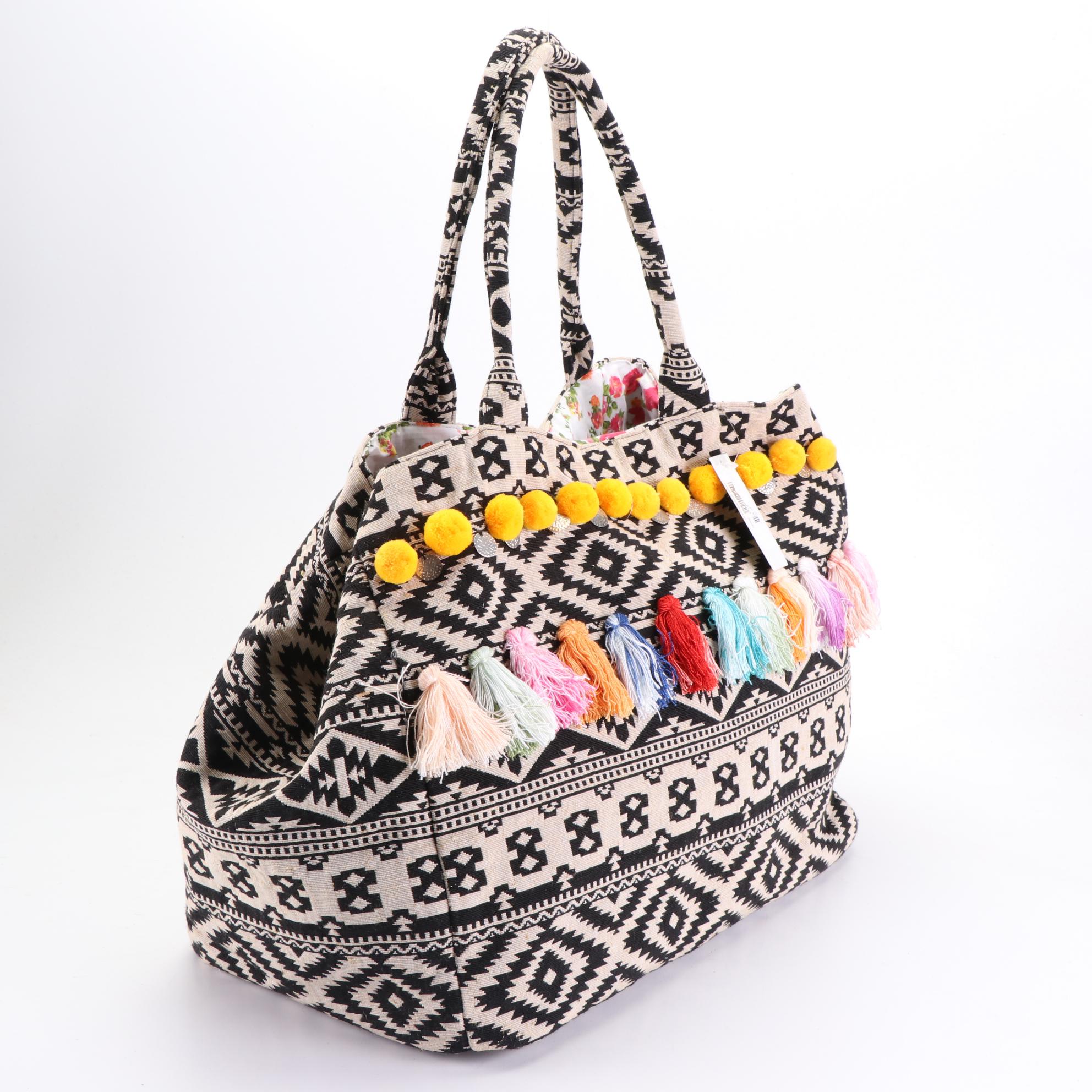 Debbie Katz Boho Beach Bag with Pom-Poms and Tassels, New with Tag