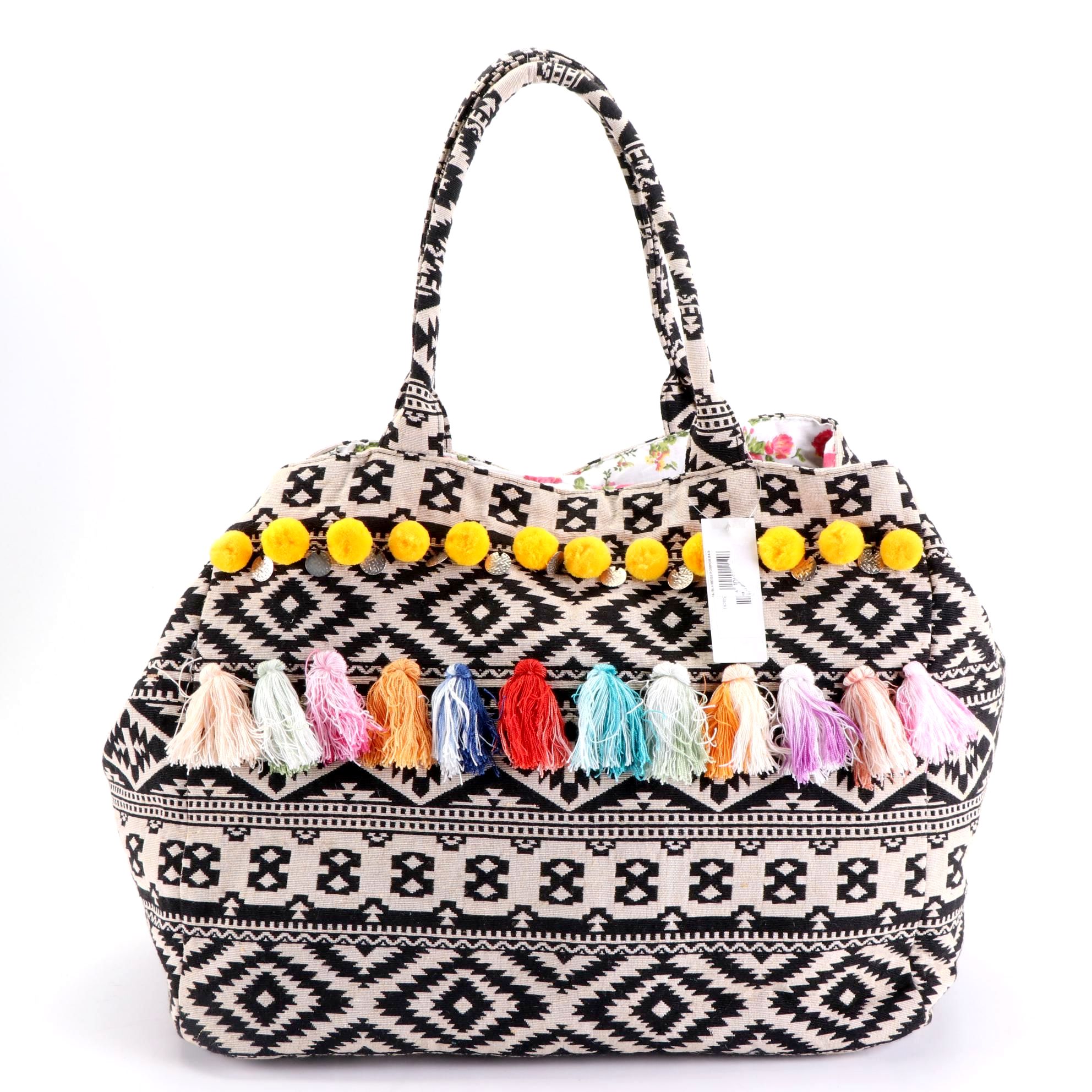 Debbie Katz Boho Beach Bag with Pom-Poms and Tassels, New with Tag