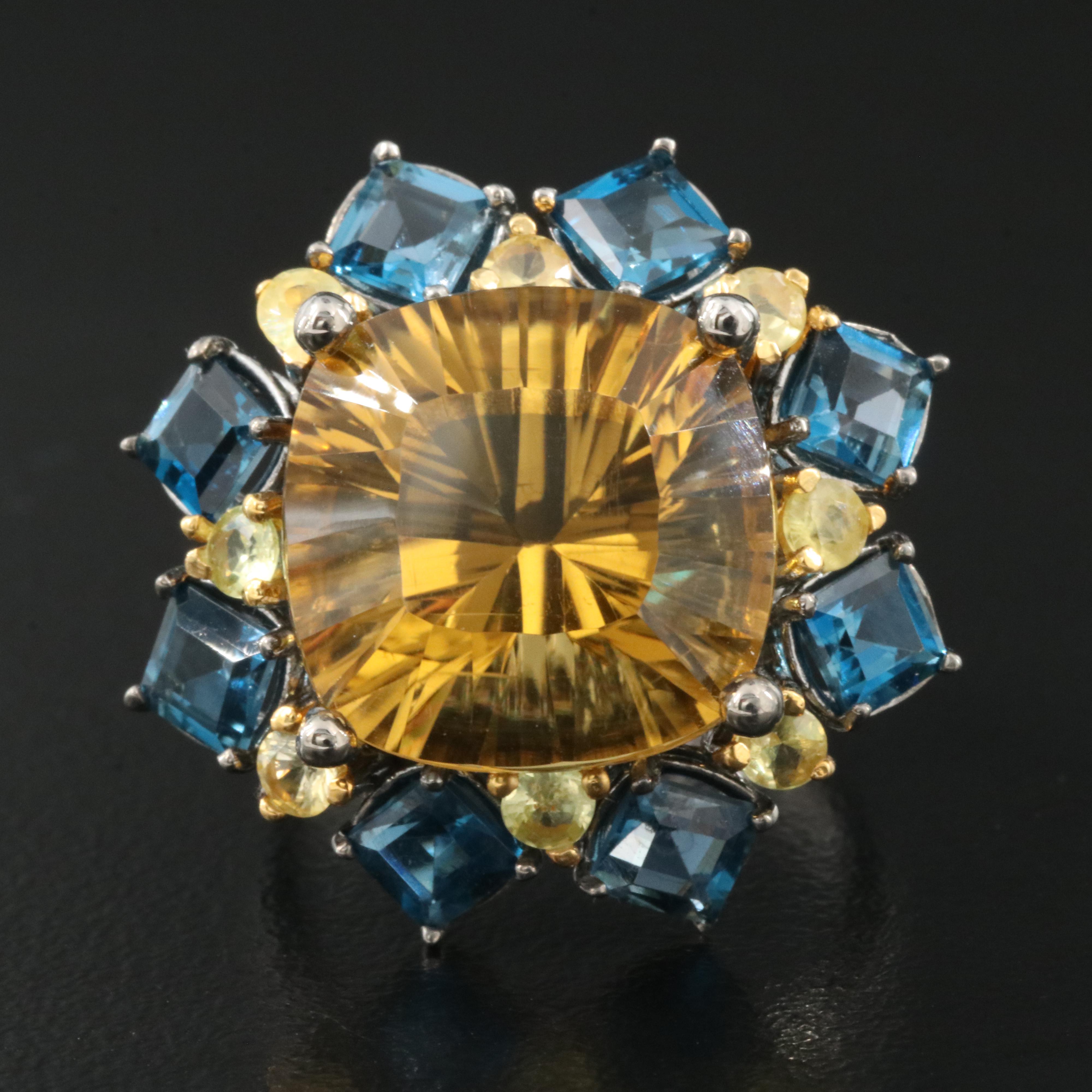 Sterling Citrine, London Blue Topaz and Sapphire Ring