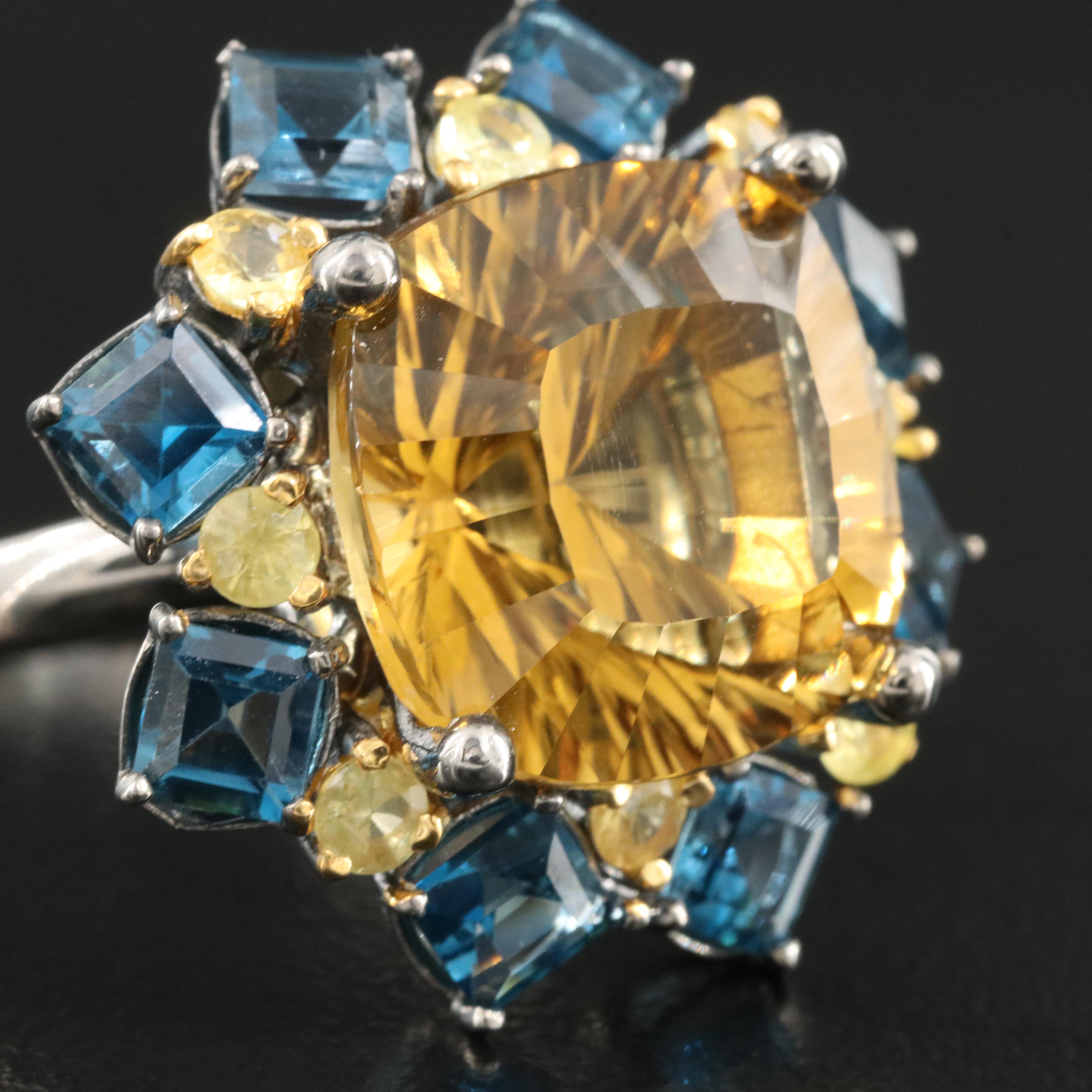 Sterling Citrine, London Blue Topaz and Sapphire Ring