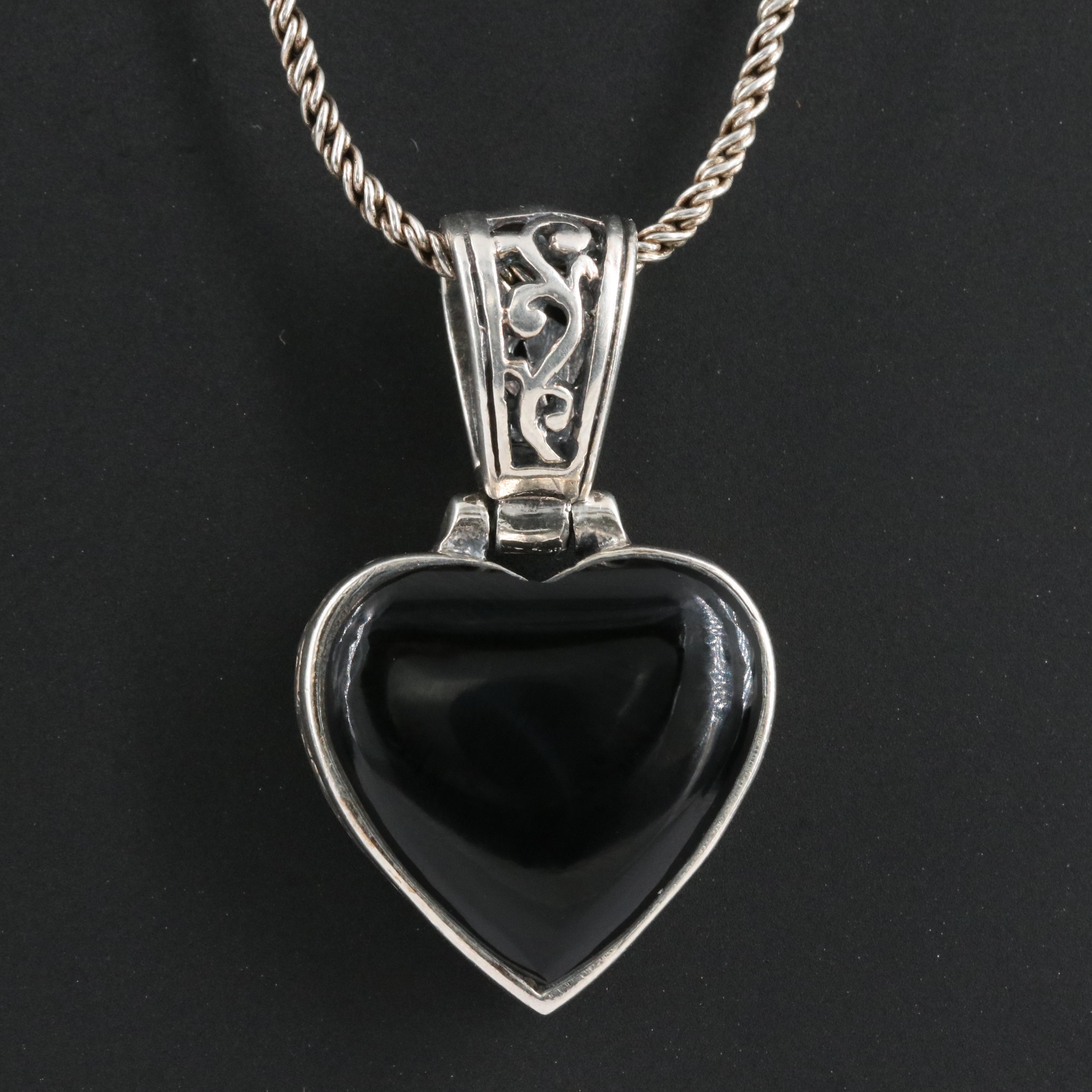 Sterling Black Onyx Heart Reversible Pendant Necklace