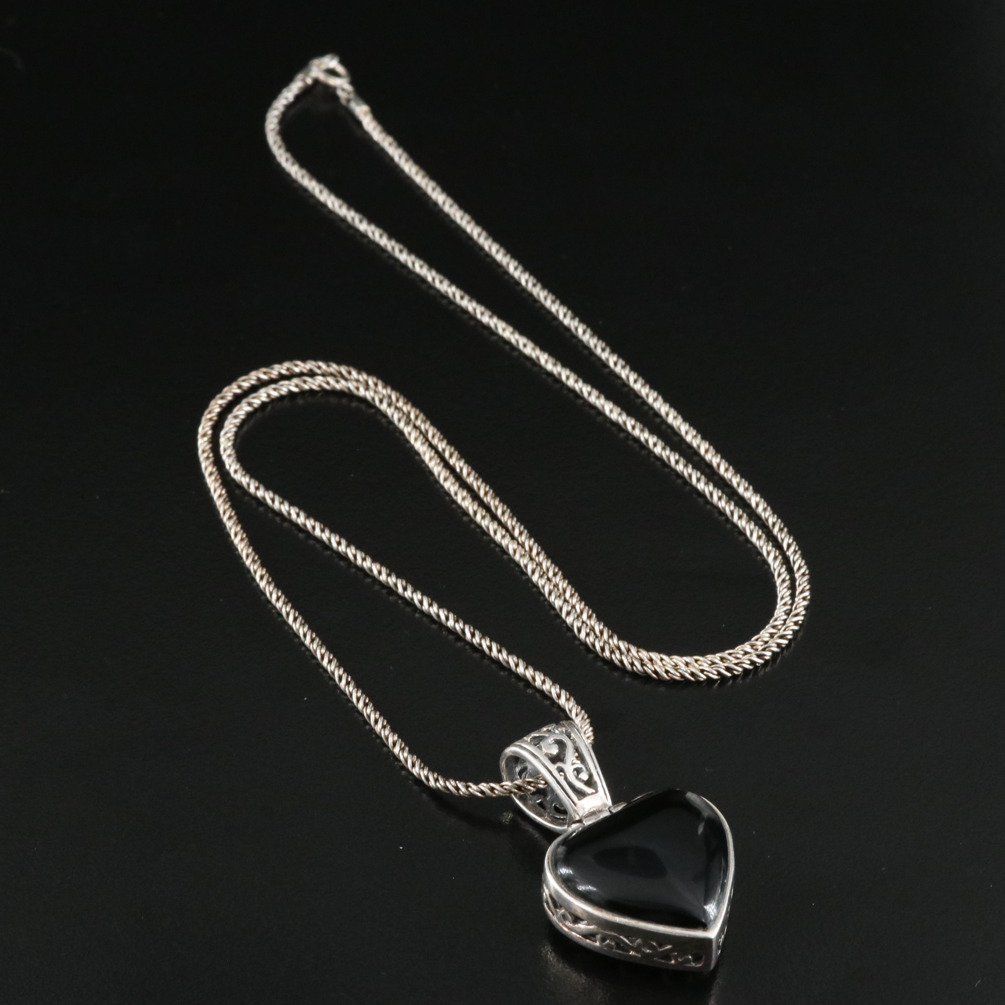 Sterling Black Onyx Heart Reversible Pendant Necklace