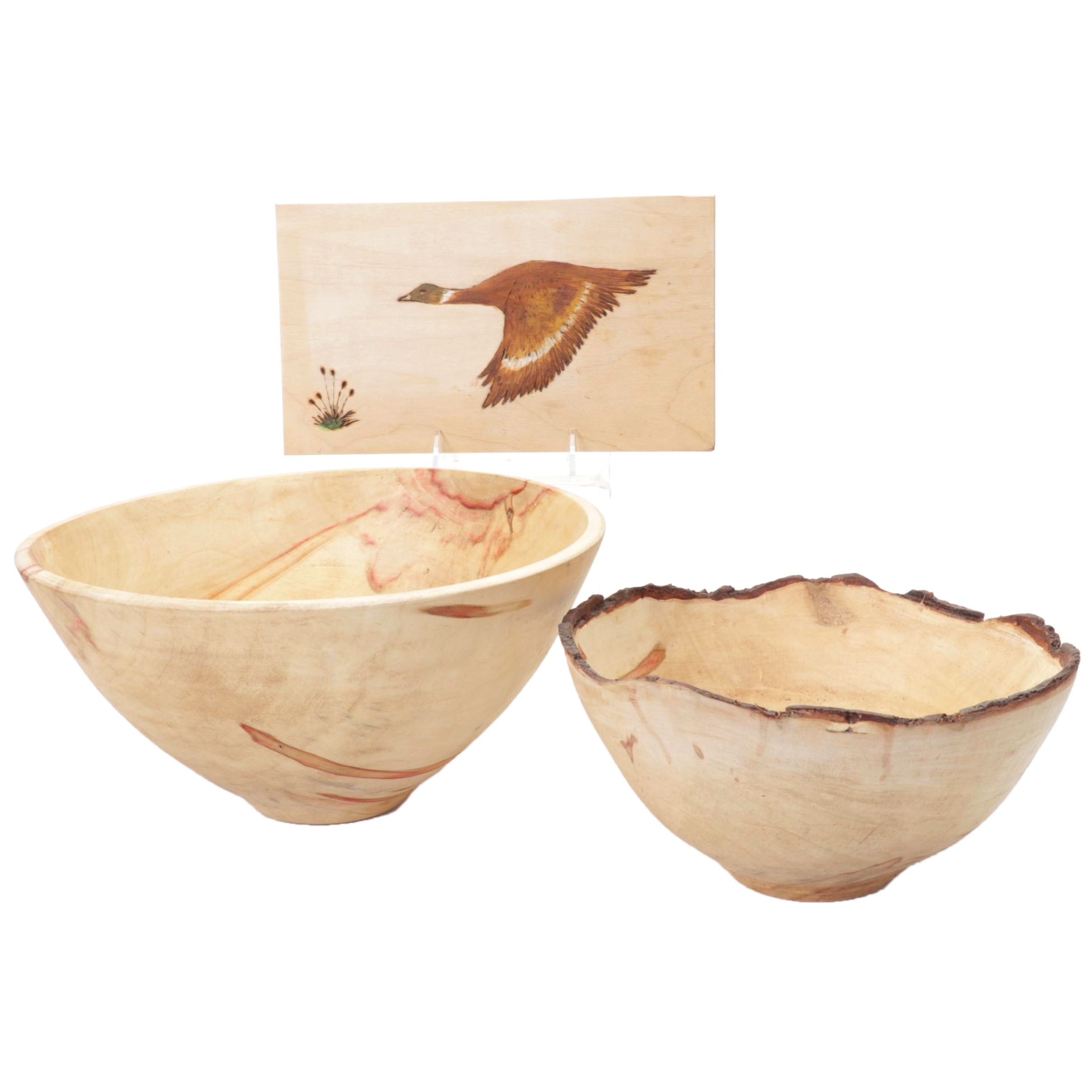 Jim Eliopulos Turned and Live Edge Box Elder Bowls and Hand-Painted Mallard Art