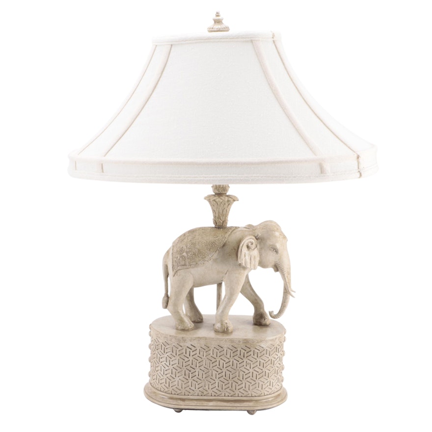 Bone Colored Asian Elephant Table Lamp With Custom Shade