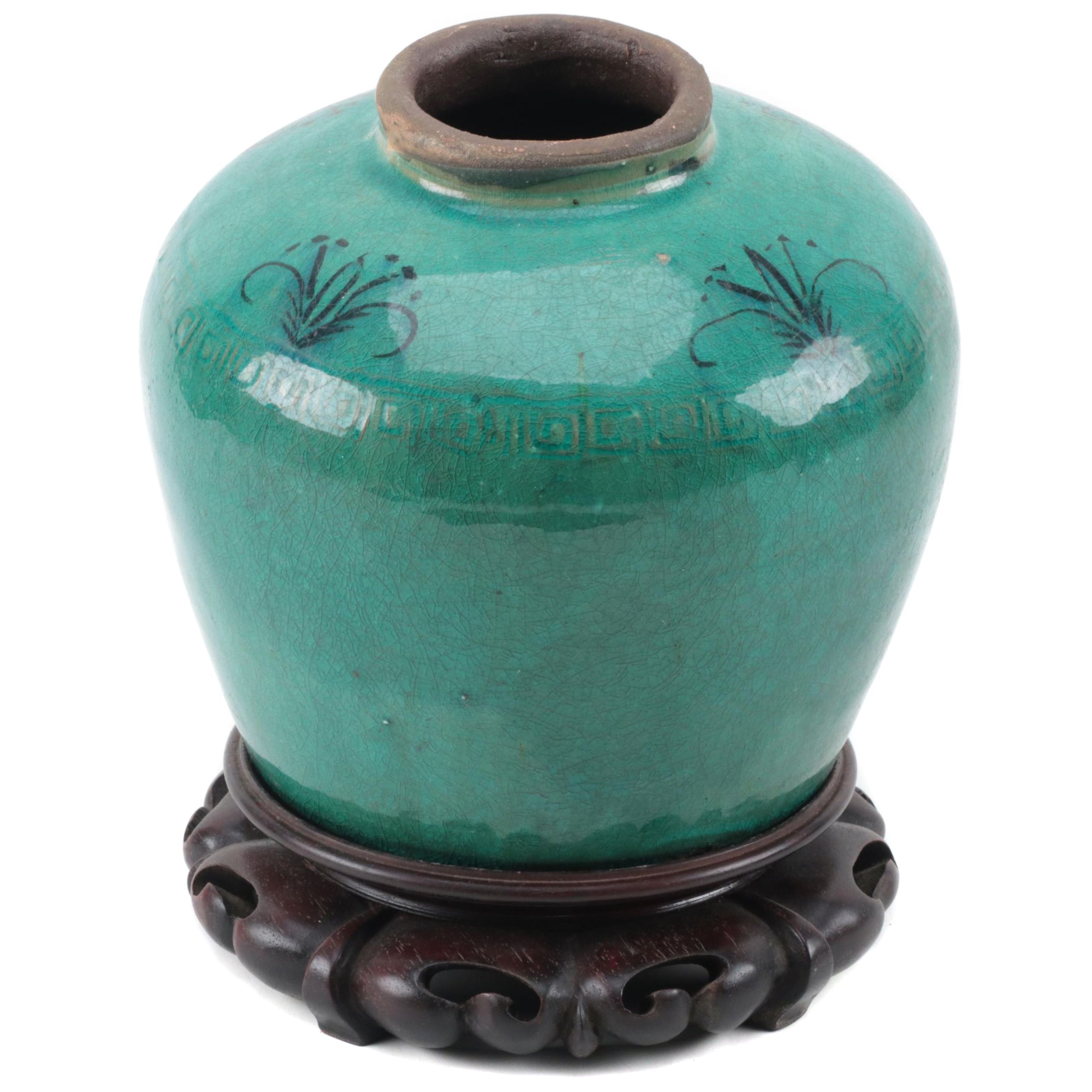 Chinese Turquoise Glazed Pot on Carved Rosewood Stand