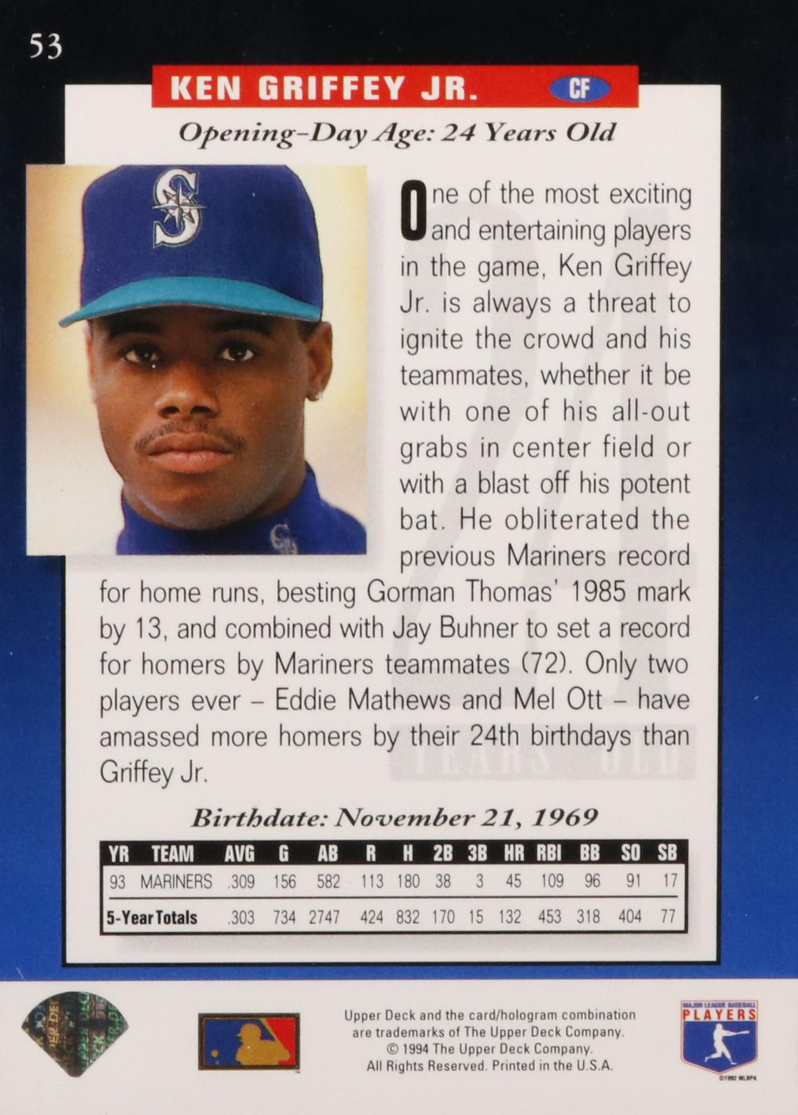 1994 Upper Deck Ken Griffey Jr. #53 Future is Now Electric Diamond Baseball Card