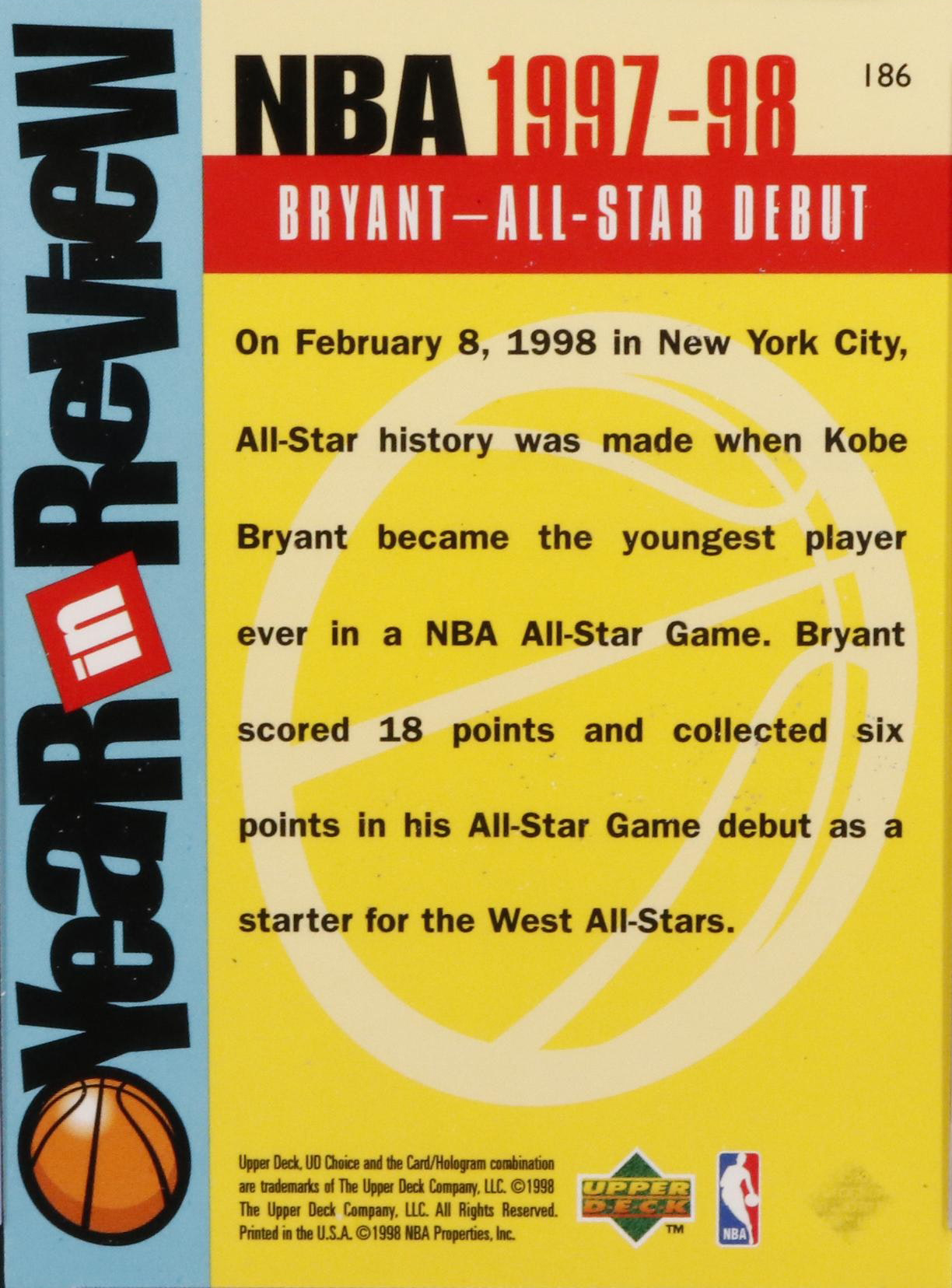 1998 UD Choice Kobe Bryant #186 Graded CSG 8.5 Mint Basketball Card