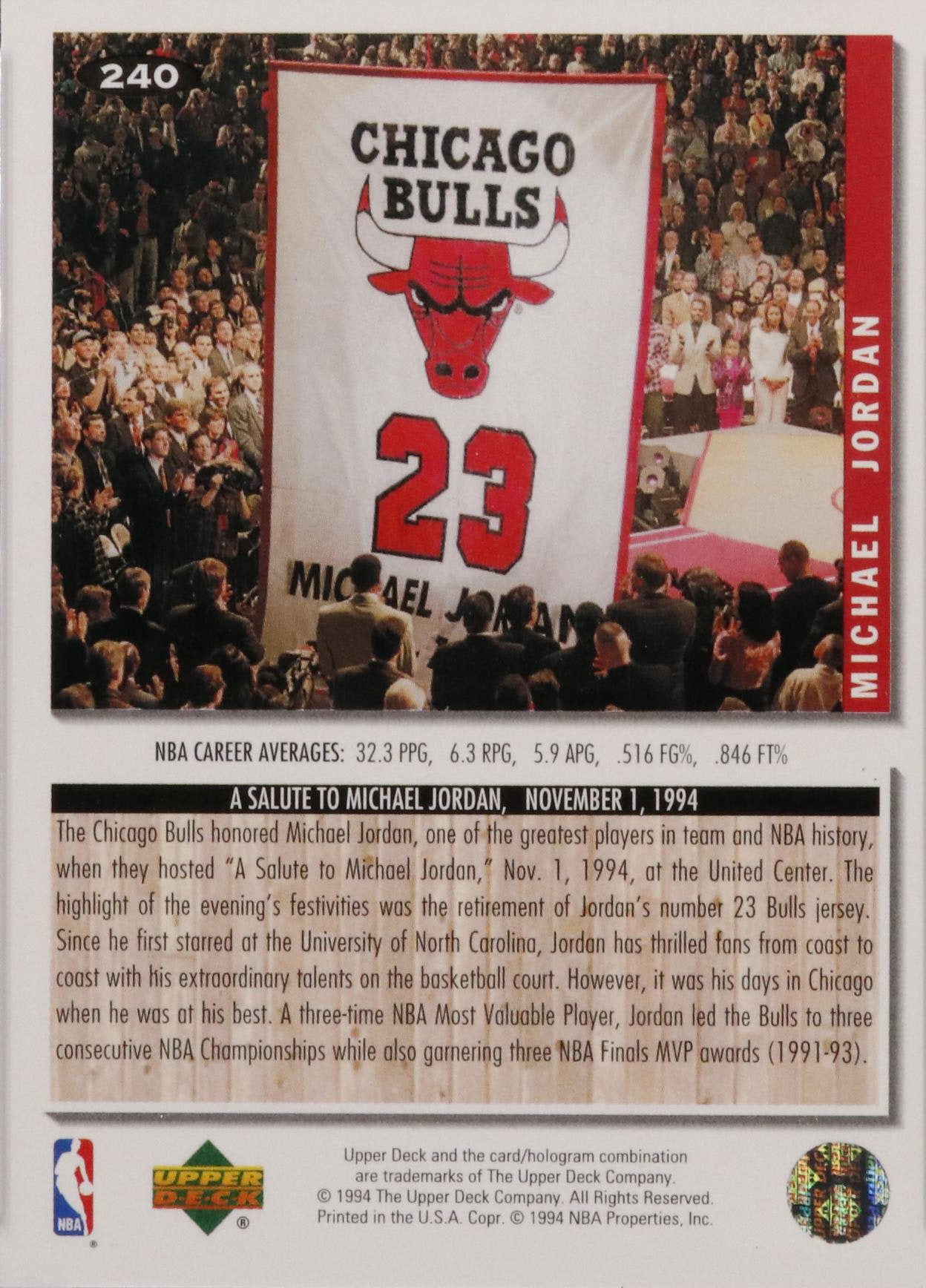 1994 Upper Deck Collector's Choice Michael Jordan #240 CSG Mt 9 Basketball Card