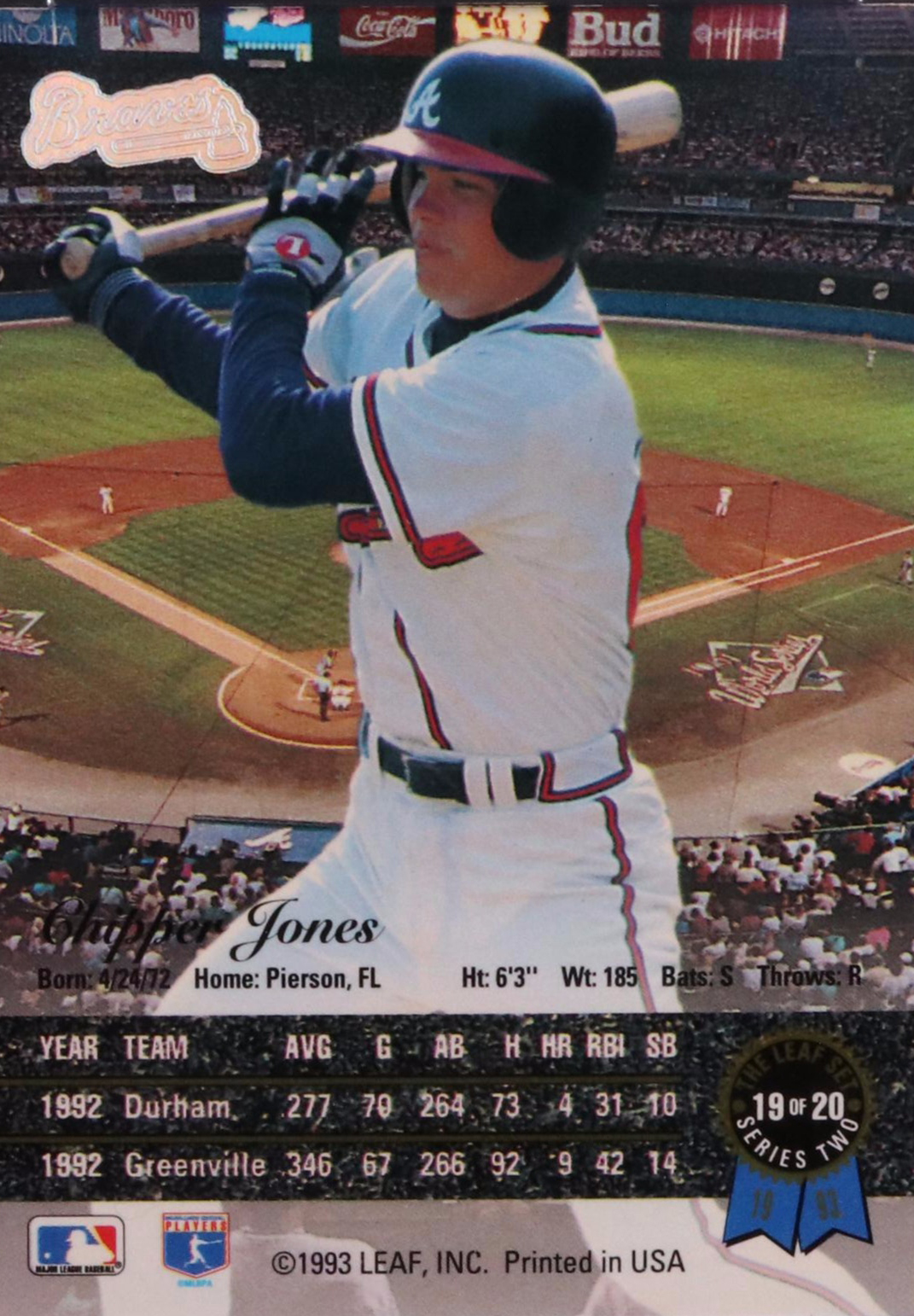 1993 Leaf Chipper Jones Gold Rookies #19 Grade 8.5 Baseball Card